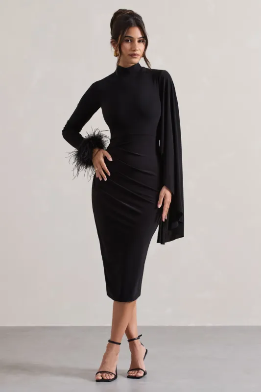 Tamika | Black High-Neck Cape-Sleeve Midi Dress With Feathers sold by Club L London