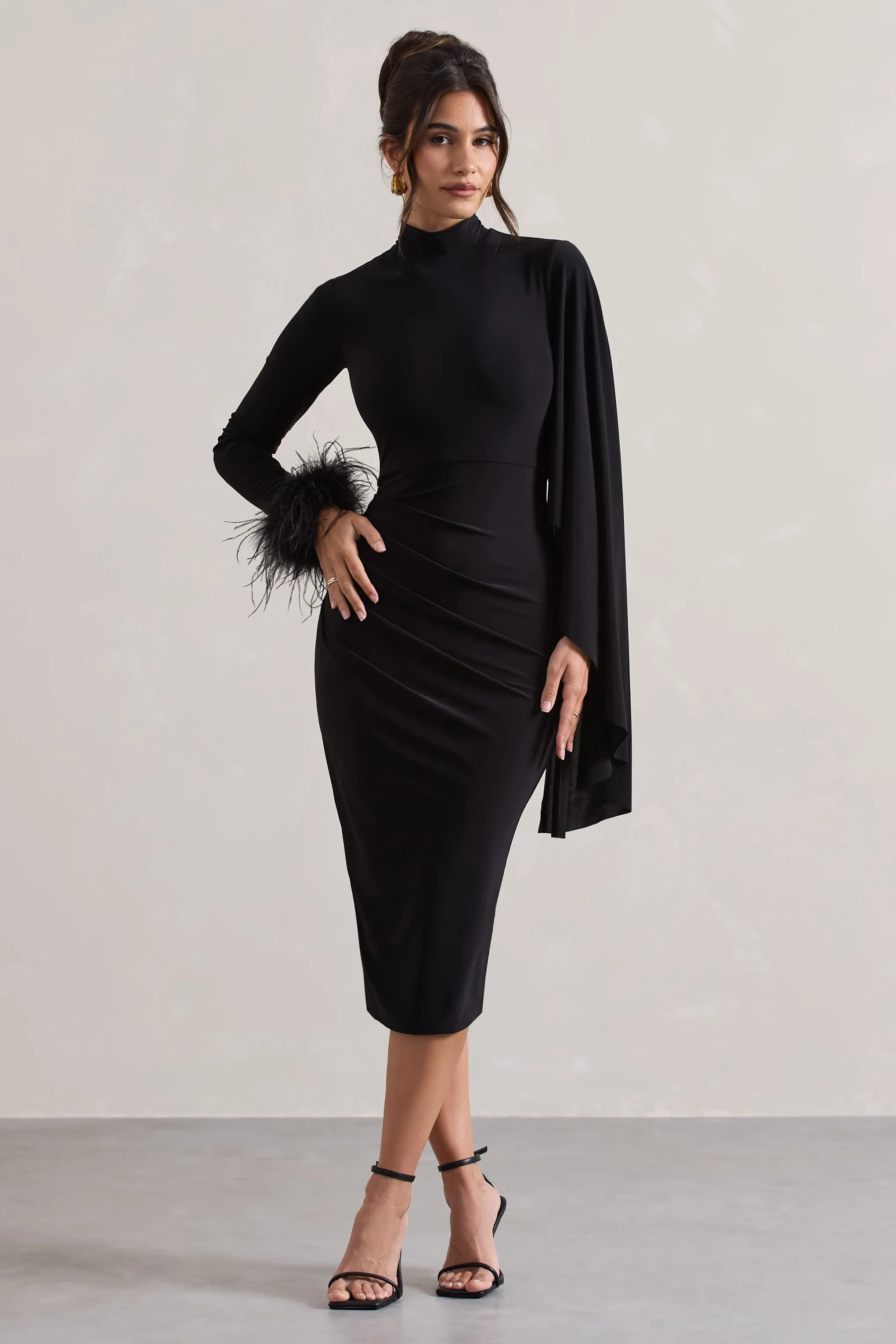 Tamika | Black High-Neck Cape-Sleeve Midi Dress With Feathers sold by Club L London