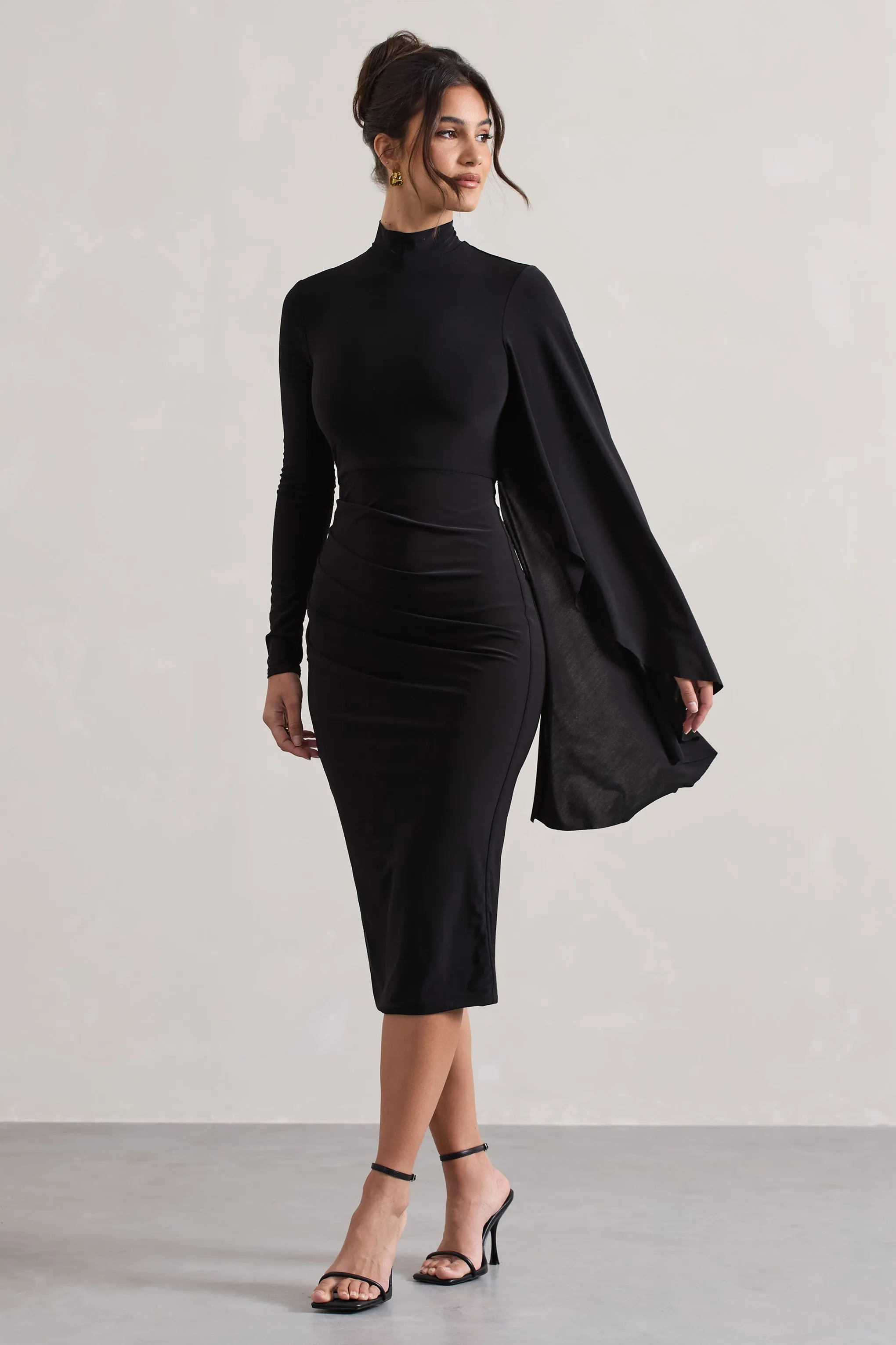 Tamika | Black High-Neck Cape-Sleeve Midi Dress With Feathers sold by Club L London product image thumbnail 5