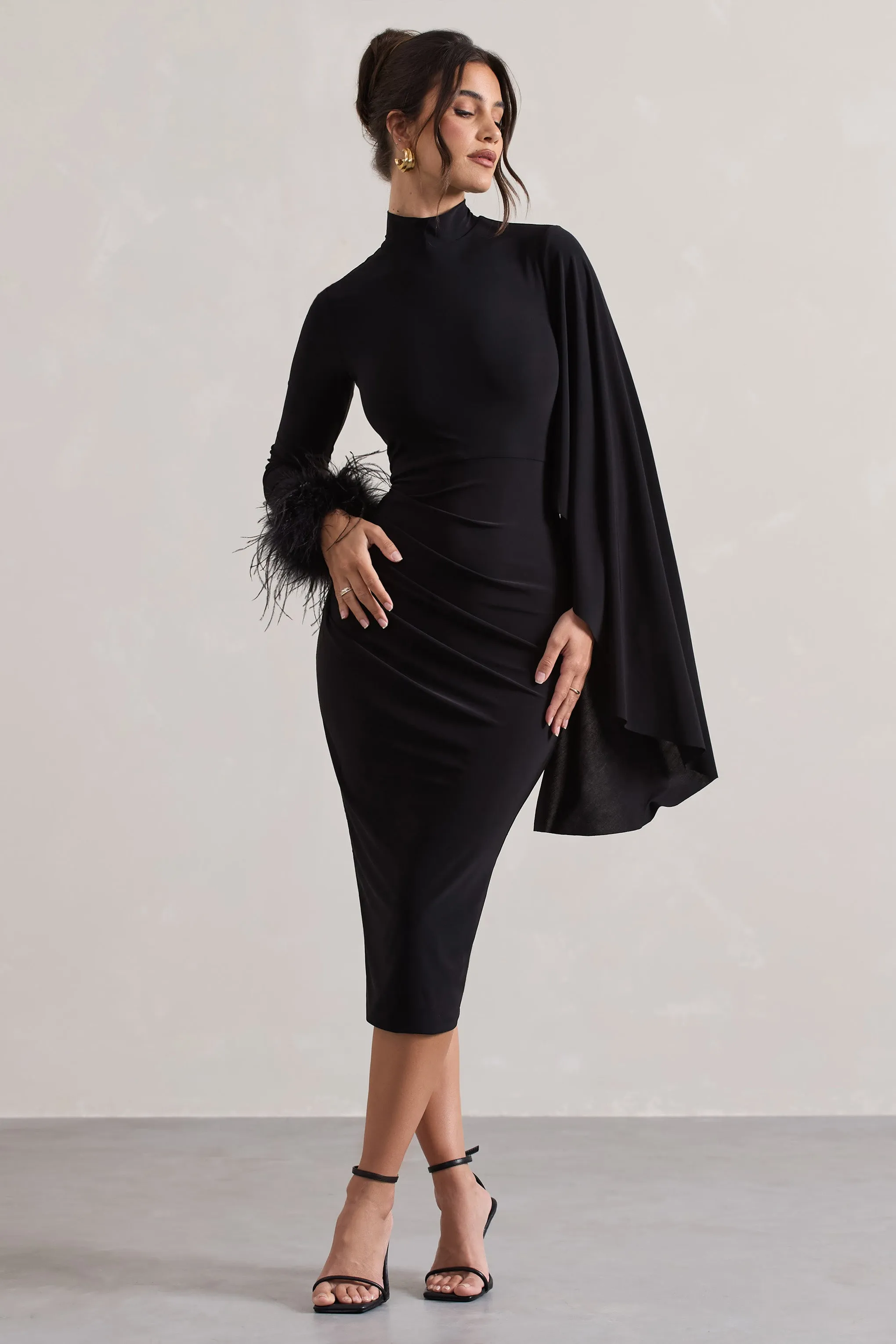 Tamika | Black High-Neck Cape-Sleeve Midi Dress With Feathers sold by Club L London product image thumbnail 4