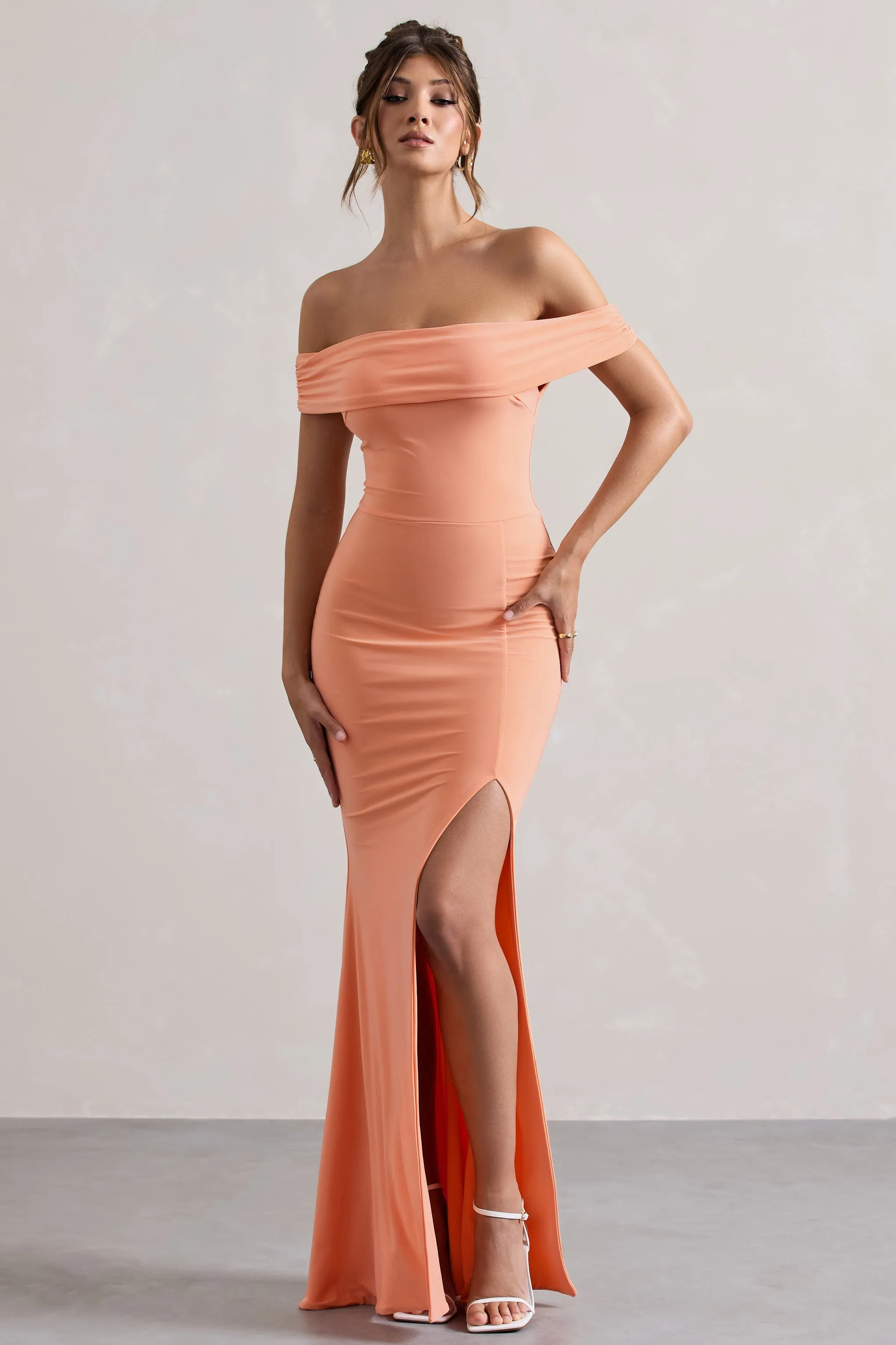 Law of Attraction | Coral Bardot Draped Split Maxi Dress sold by Club L London product image thumbnail 4