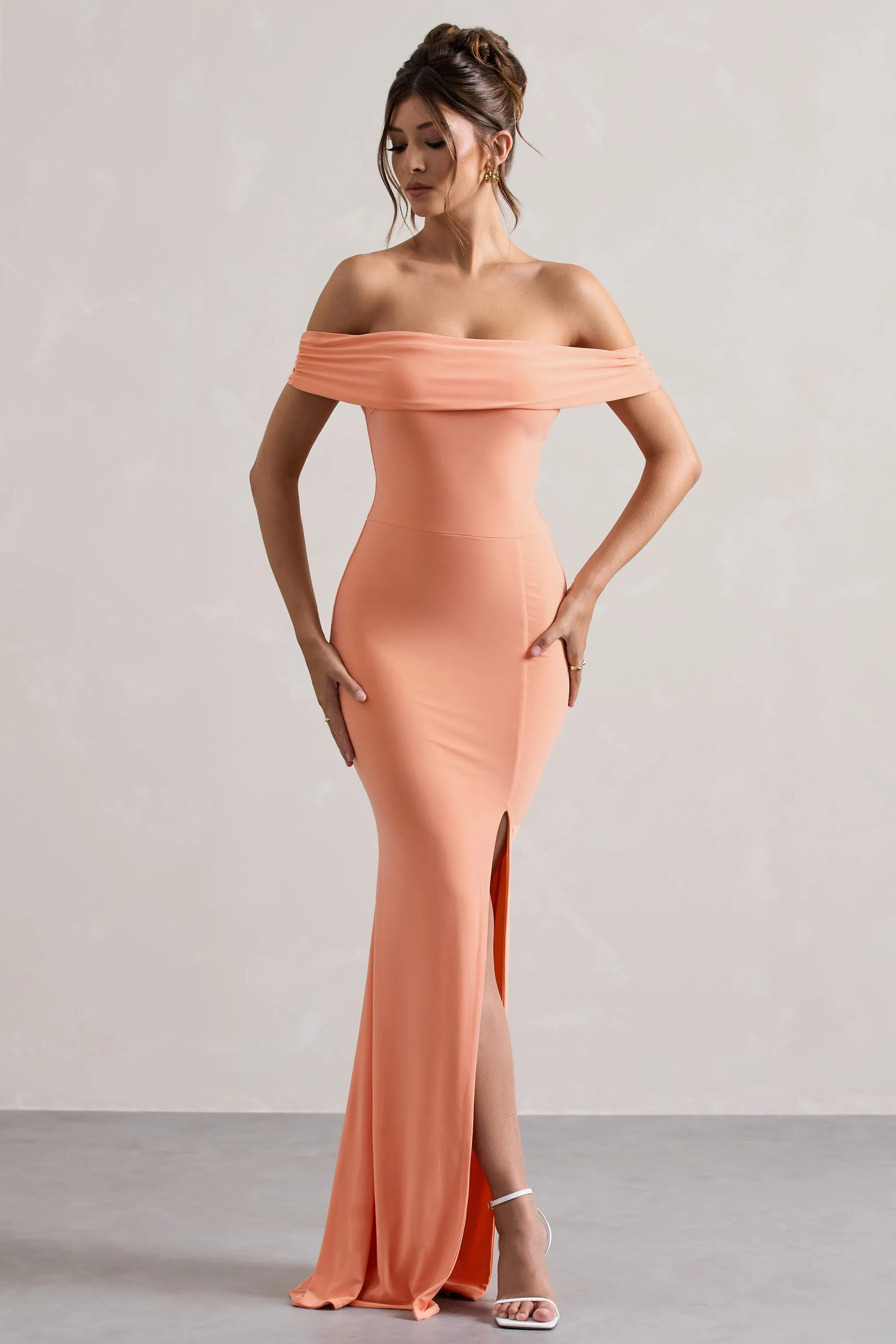 Law of Attraction | Coral Bardot Draped Split Maxi Dress sold by Club L London