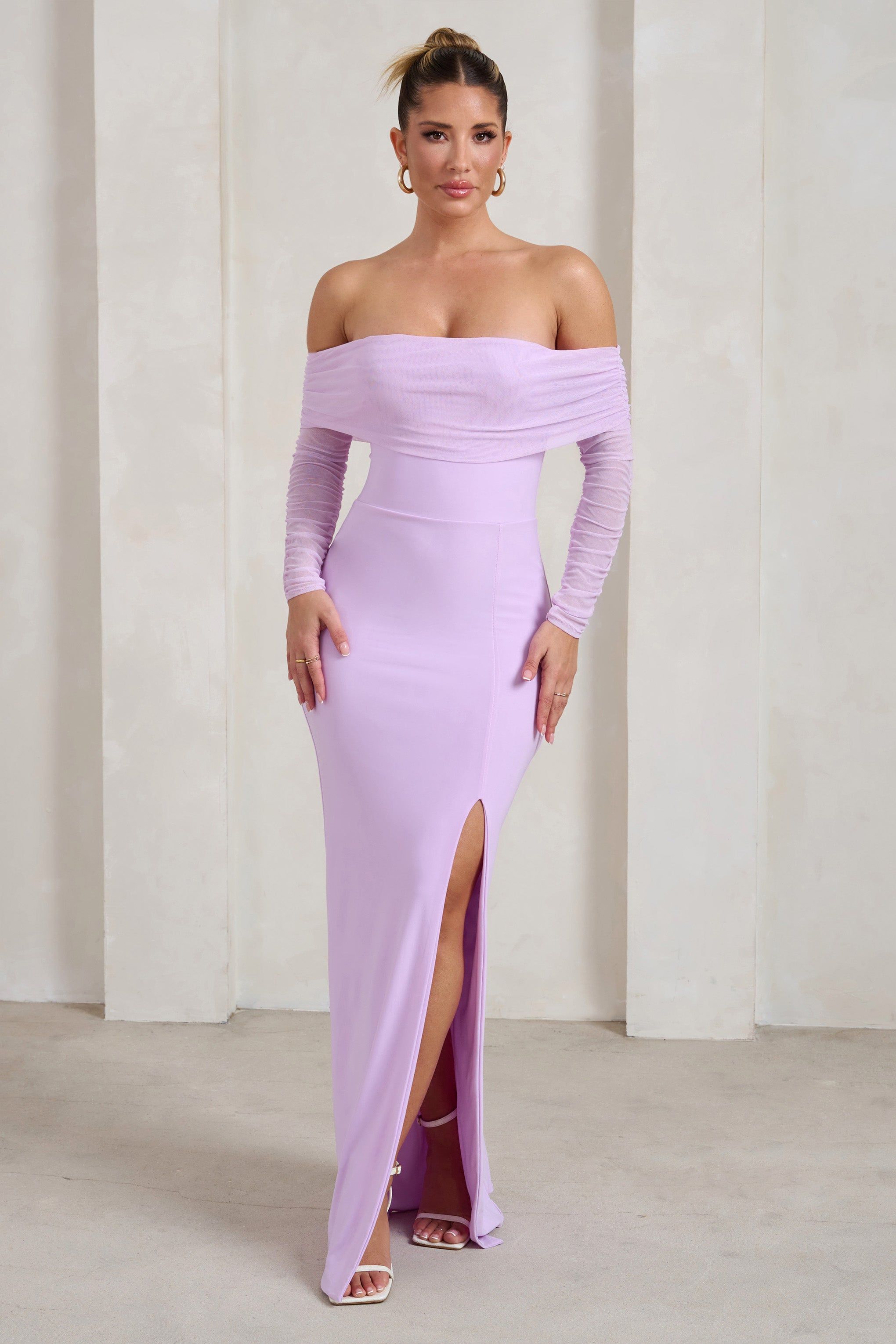 On Your Mind | Lilac Mesh Long Sleeve Maxi Dress sold by Club L London
