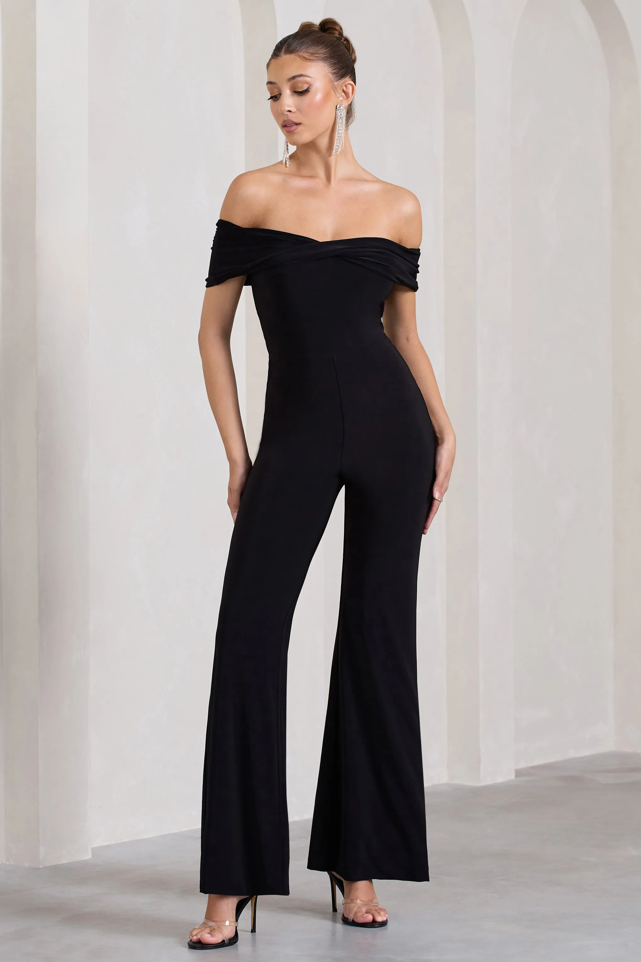 Gemma | Black Bardot Open-Back Flared-Leg Jumpsuit sold by Club L London product image thumbnail 4