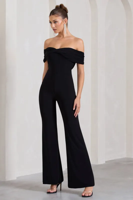 Gemma | Black Bardot Open-Back Flared-Leg Jumpsuit sold by Club L London