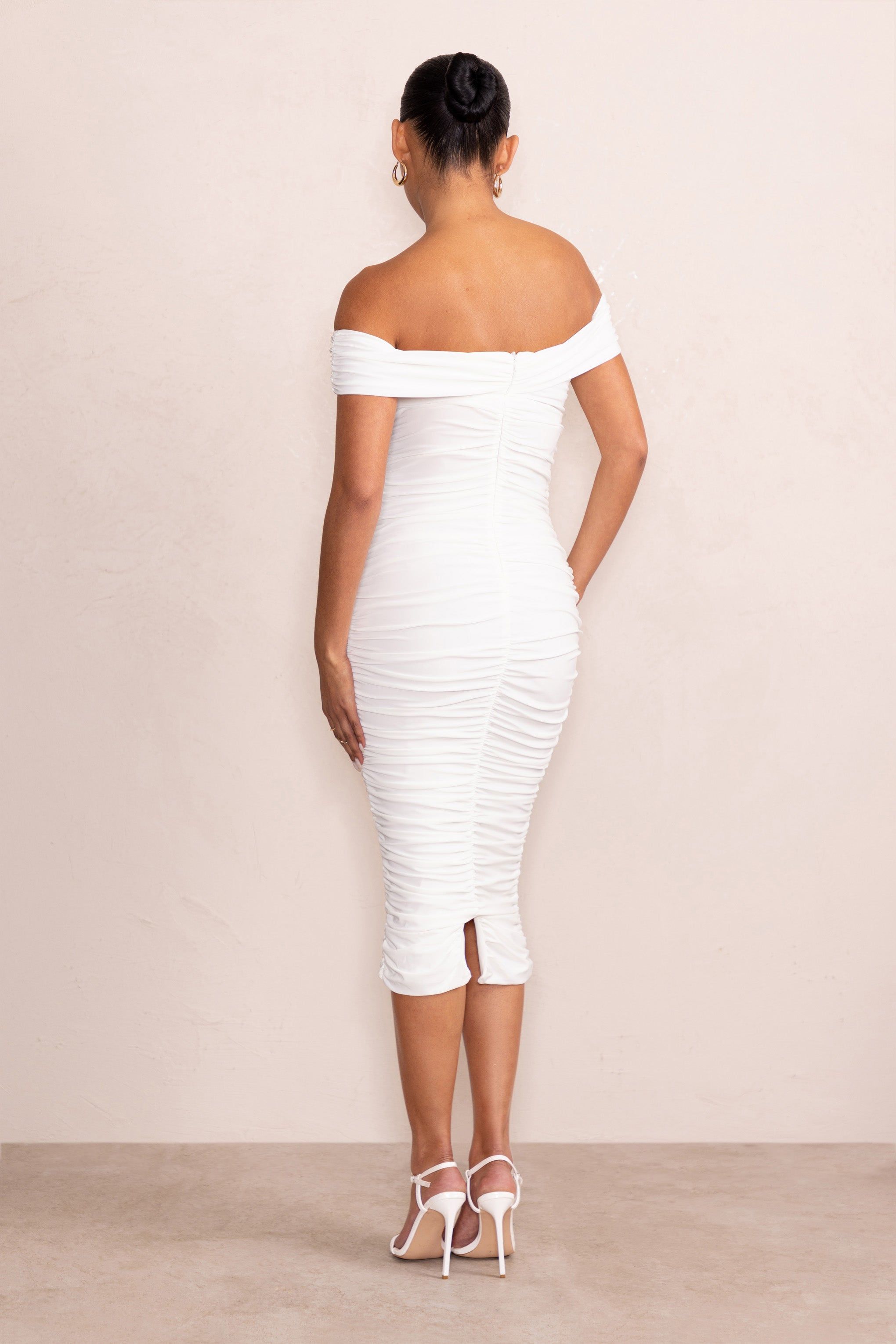 Perfection | White Maternity Bardot Knot Ruched Midi Dress sold by Club L London product image thumbnail 2