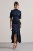 Lavinia | Navy High-Neck Flutter-Sleeve Asymmetric Maxi Dress sold by Club L London