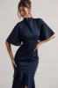 Lavinia | Navy High-Neck Flutter-Sleeve Asymmetric Maxi Dress sold by Club L London