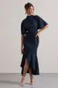 Lavinia | Navy High-Neck Flutter-Sleeve Asymmetric Maxi Dress sold by Club L London
