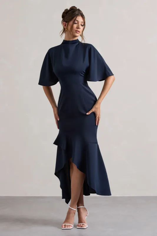 Lavinia | Navy High-Neck Flutter-Sleeve Asymmetric Maxi Dress sold by Club L London