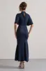 Lavinia | Navy High-Neck Flutter-Sleeve Asymmetric Maxi Dress sold by Club L London