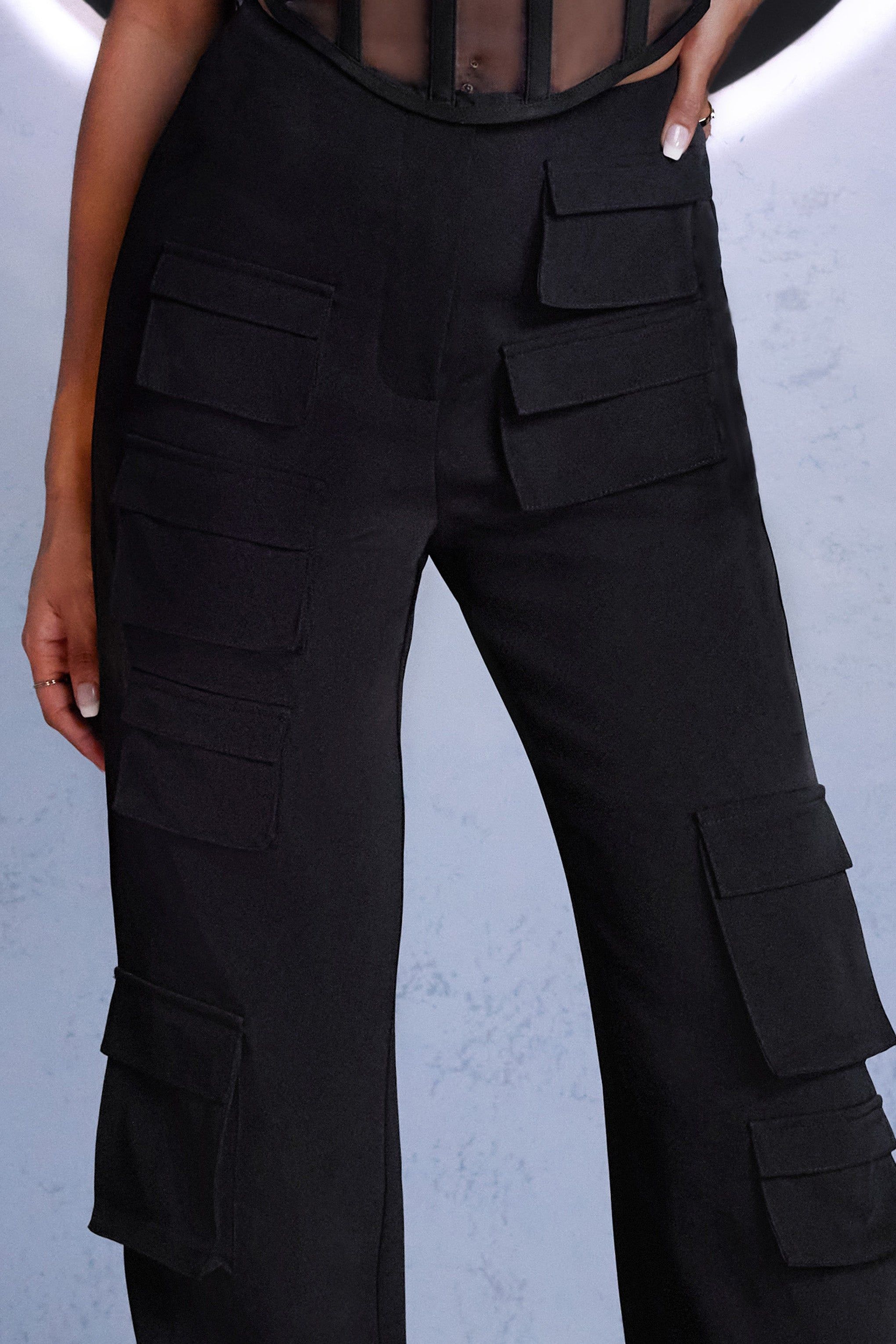 Made For You | Black High Waist Straight Leg Cargo Trousers sold by Club L London product image thumbnail 4