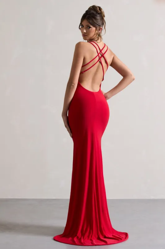 Lucky Day | Red Cross Over Back Fishtail Maxi Dress sold by Club L London