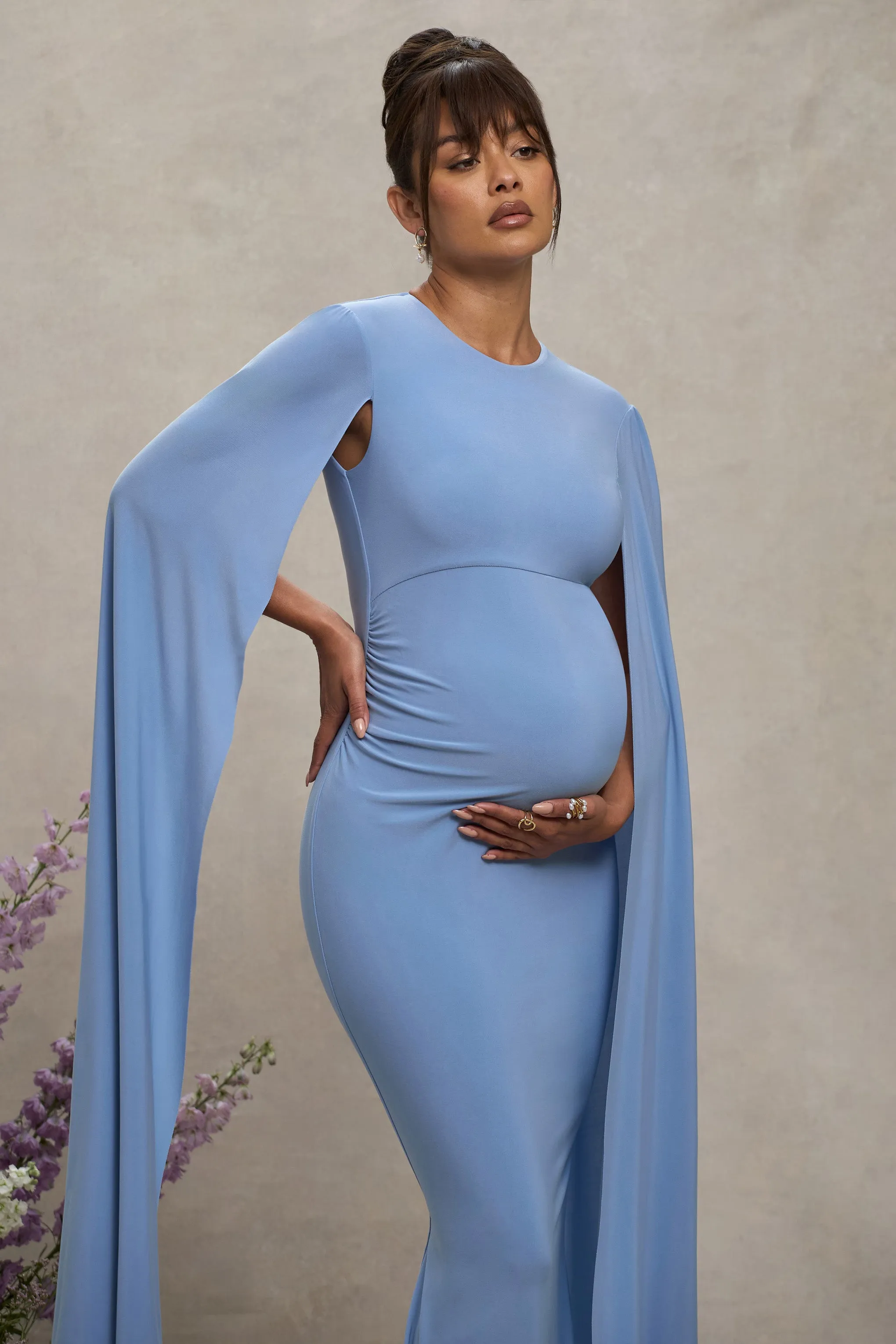 Divine Timing | Powder Blue Maternity Maxi Dress With Cape Sleeves sold by Club L London product image thumbnail 3
