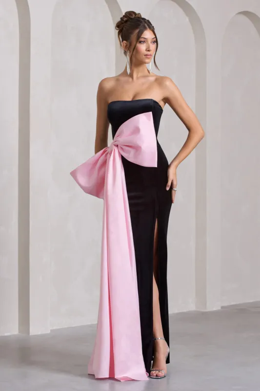 Best Wishes | Black Velvet Bandeau Split Maxi Dress With Oversized Pink Bow sold by Club L London