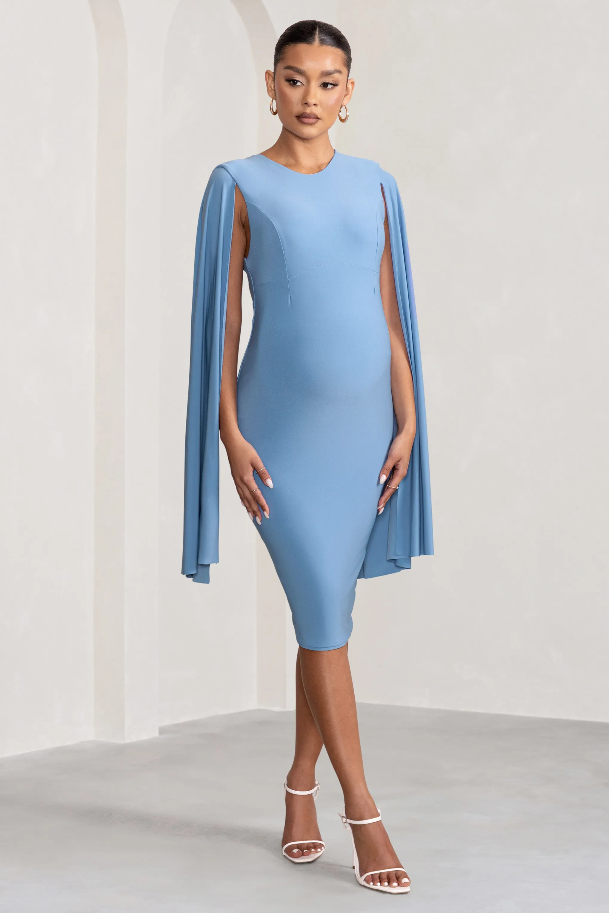 Hey Mama | Powder Blue Maternity Cape Sleeve Midi Dress sold by Club L London