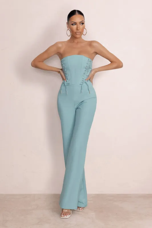Reborn | Duck Egg Blue Bandeau Jumpsuit With Lace Up Detail sold by Club L London