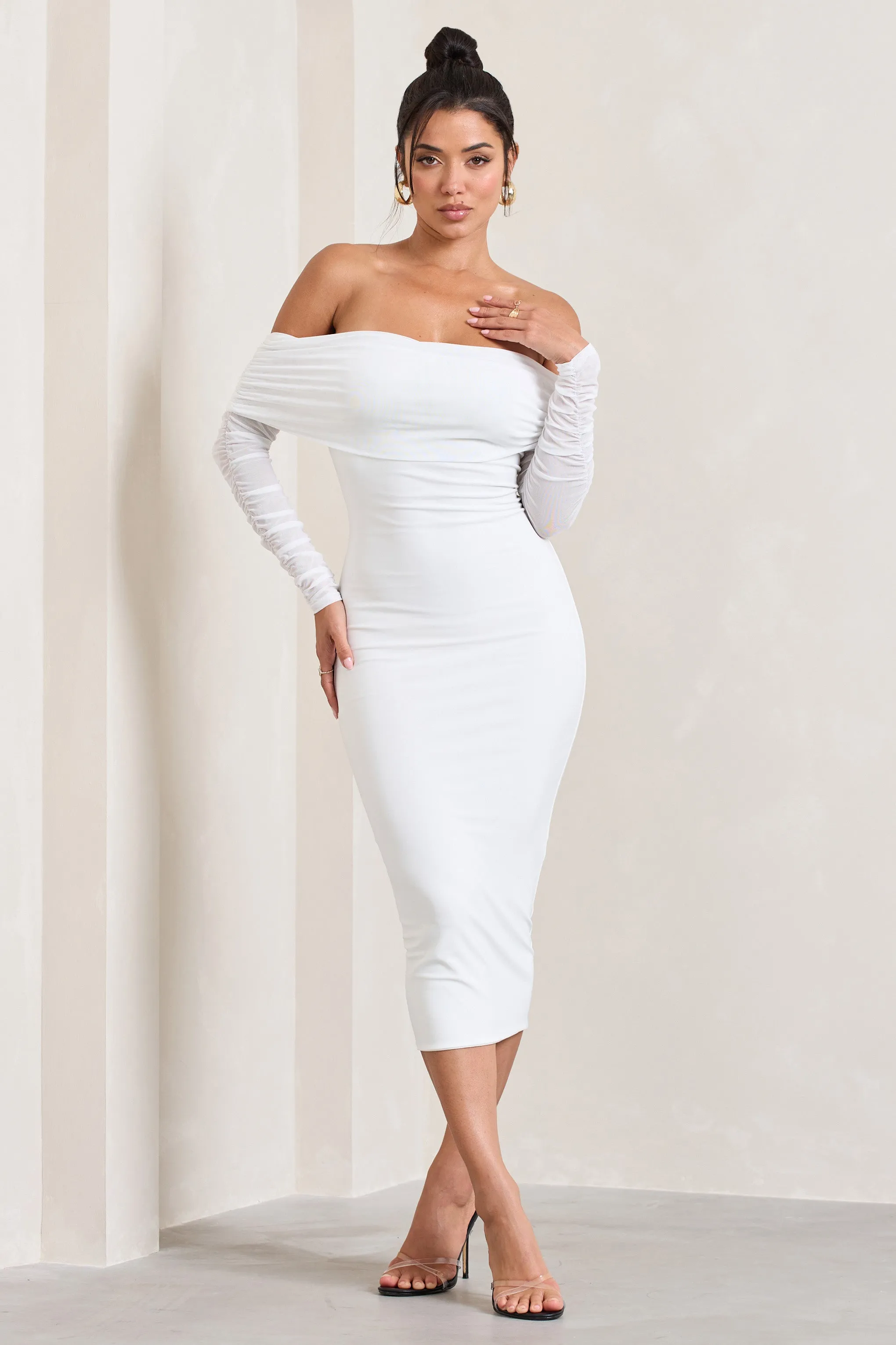 Only You | Ivory Ruched Mesh Bardot Midi Dress sold by Club L London product image thumbnail 5