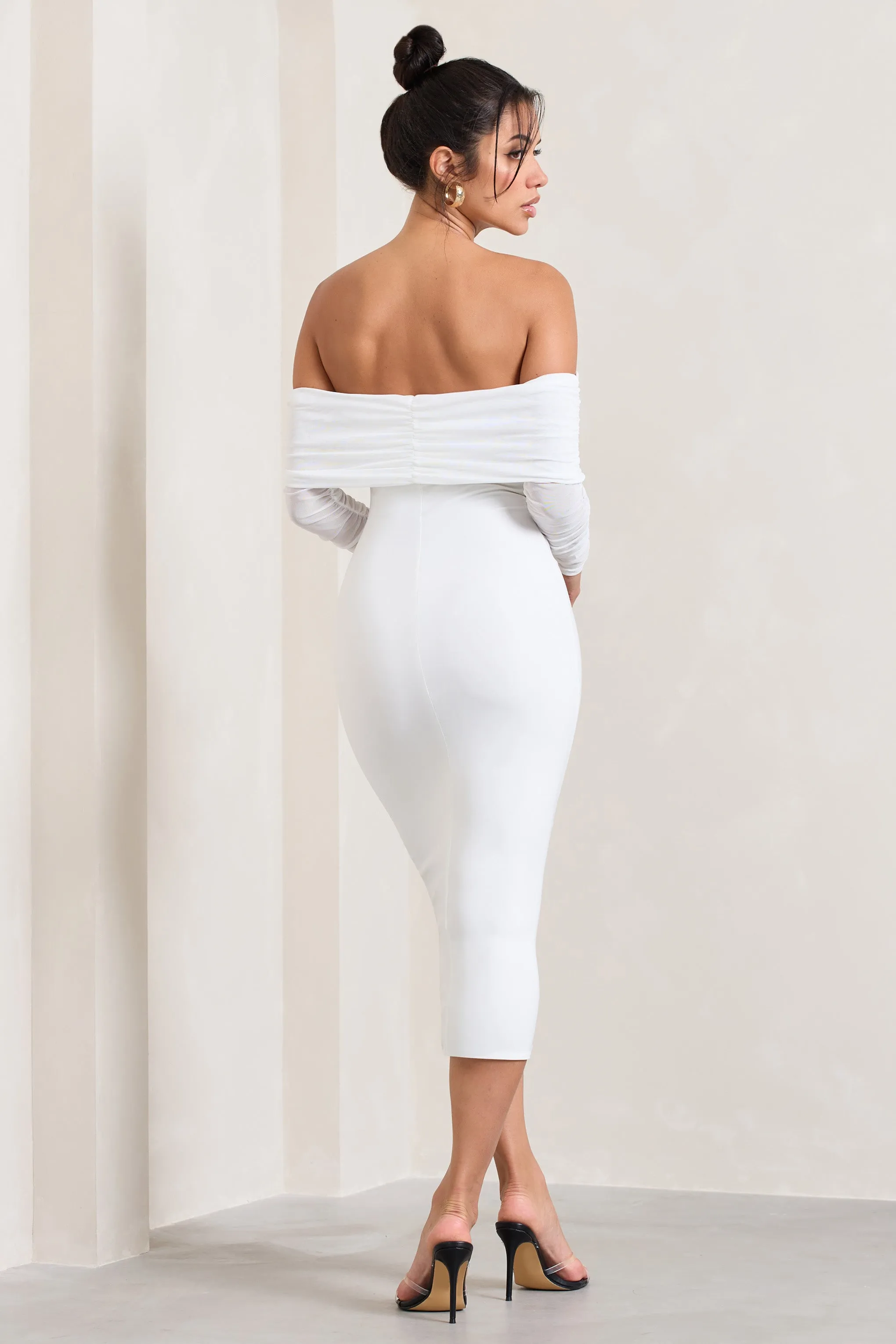 Only You | Ivory Ruched Mesh Bardot Midi Dress sold by Club L London product image thumbnail 2