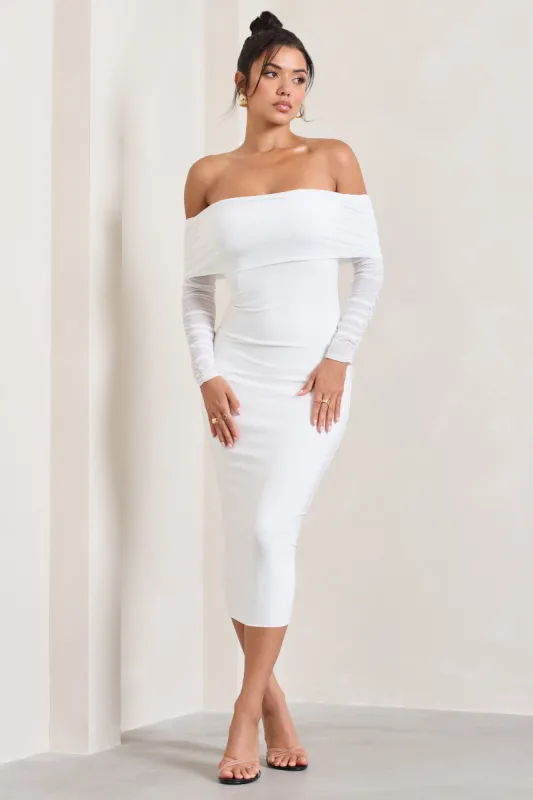 Only You | Ivory Ruched Mesh Bardot Midi Dress sold by Club L London
