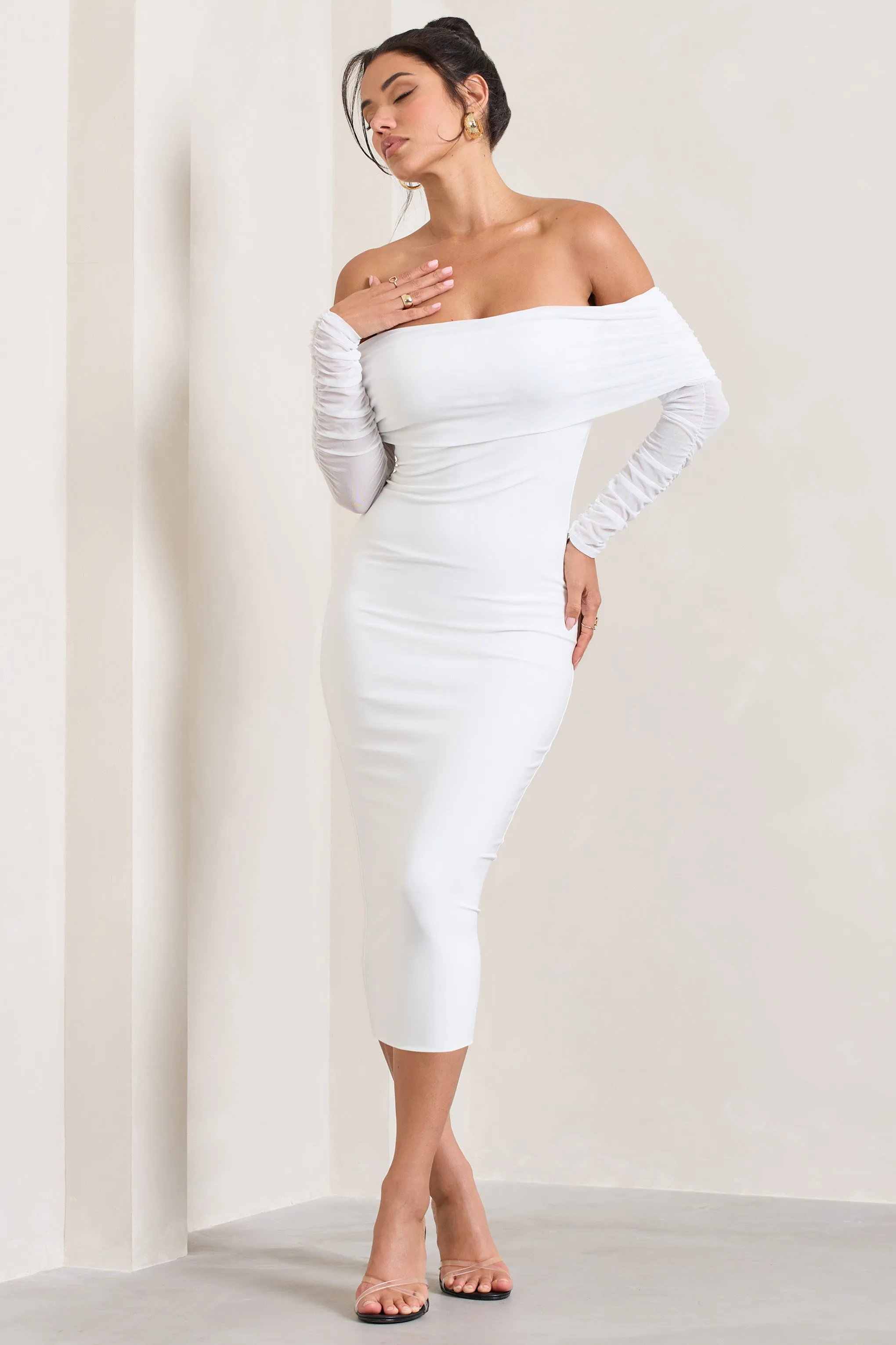 Only You | Ivory Ruched Mesh Bardot Midi Dress sold by Club L London product image thumbnail 4