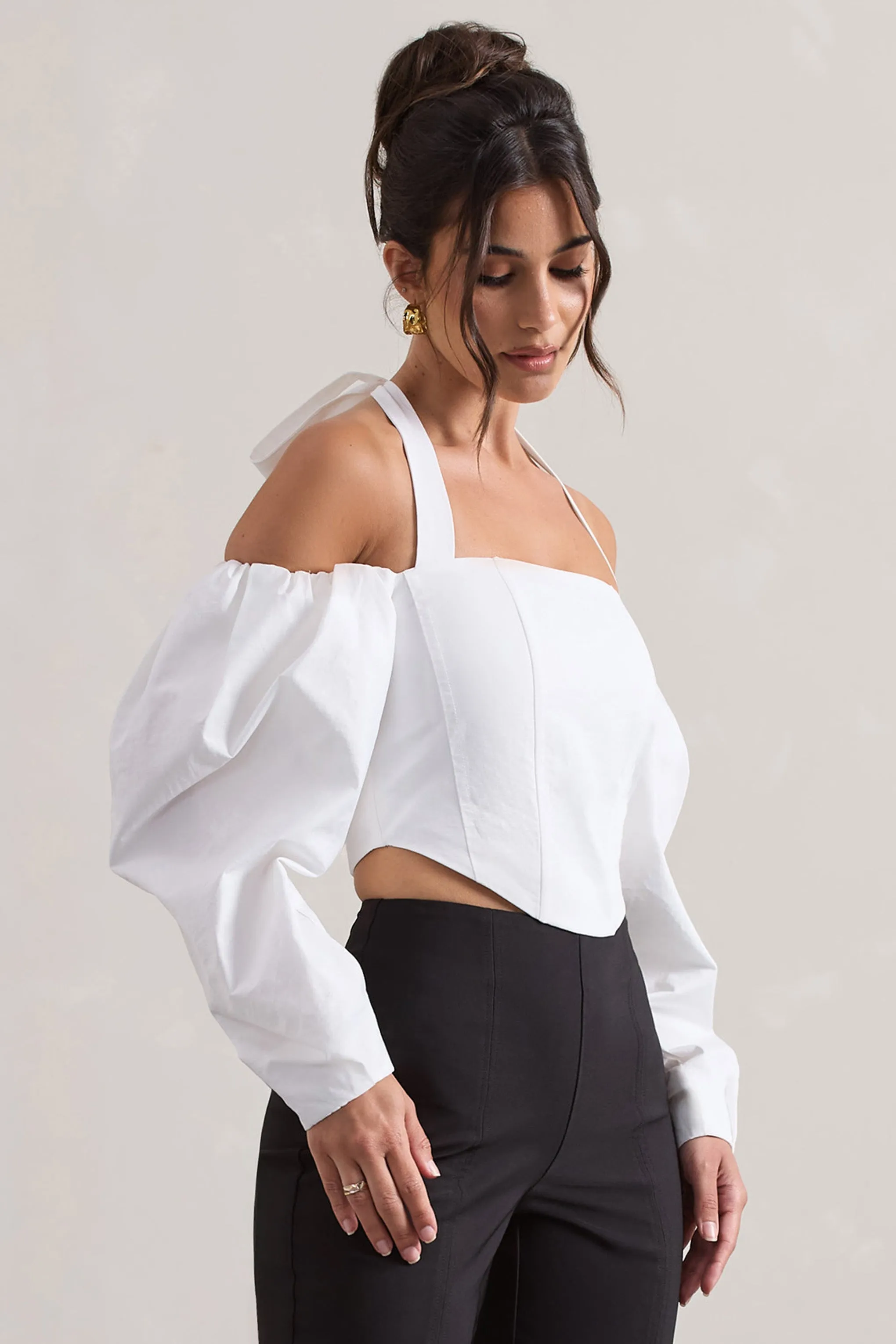 Theatric | Ivory Halter-Neck Corset Top With Puff-Sleeves sold by Club L London product image thumbnail 4