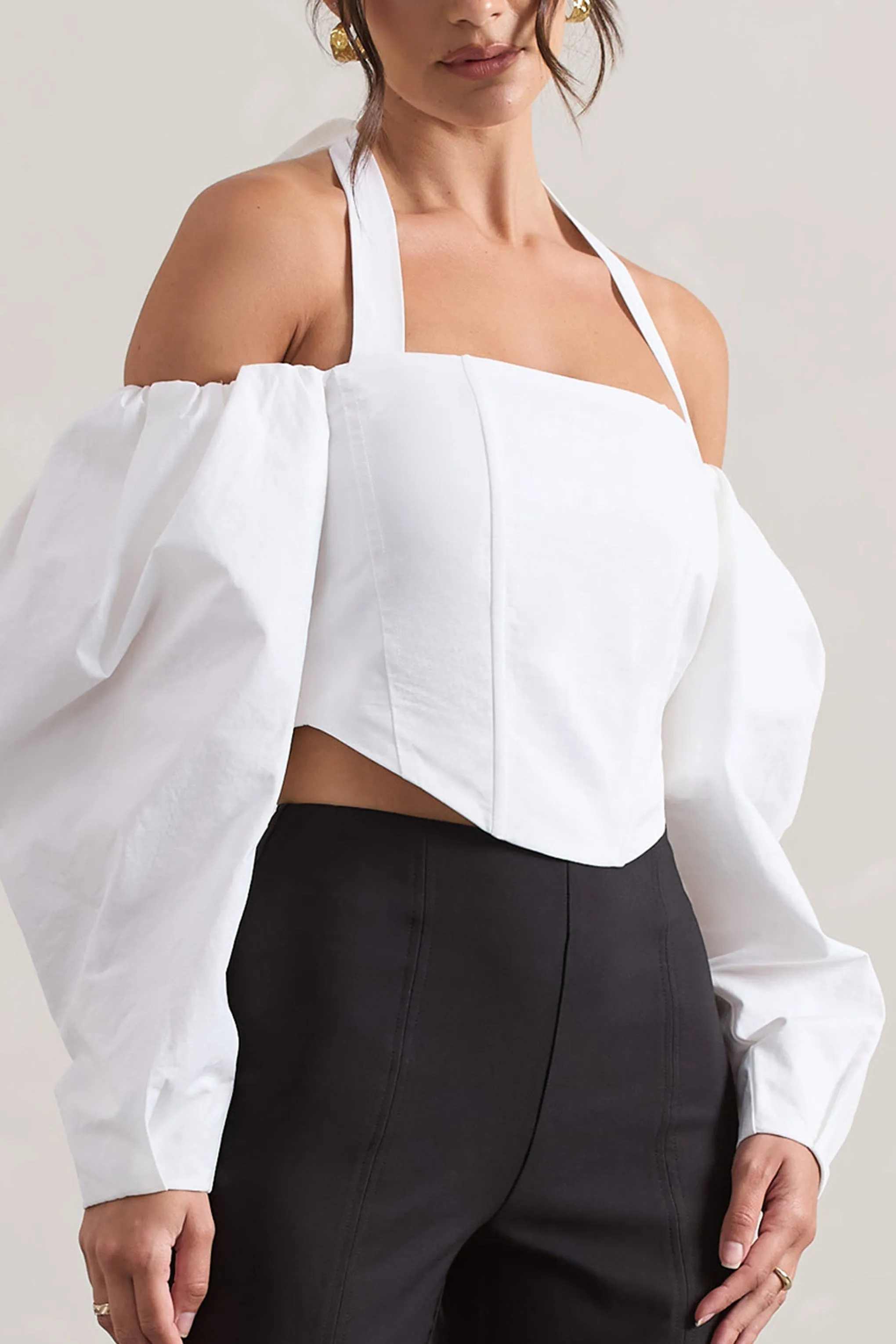 Theatric | Ivory Halter-Neck Corset Top With Puff-Sleeves sold by Club L London product image thumbnail 3