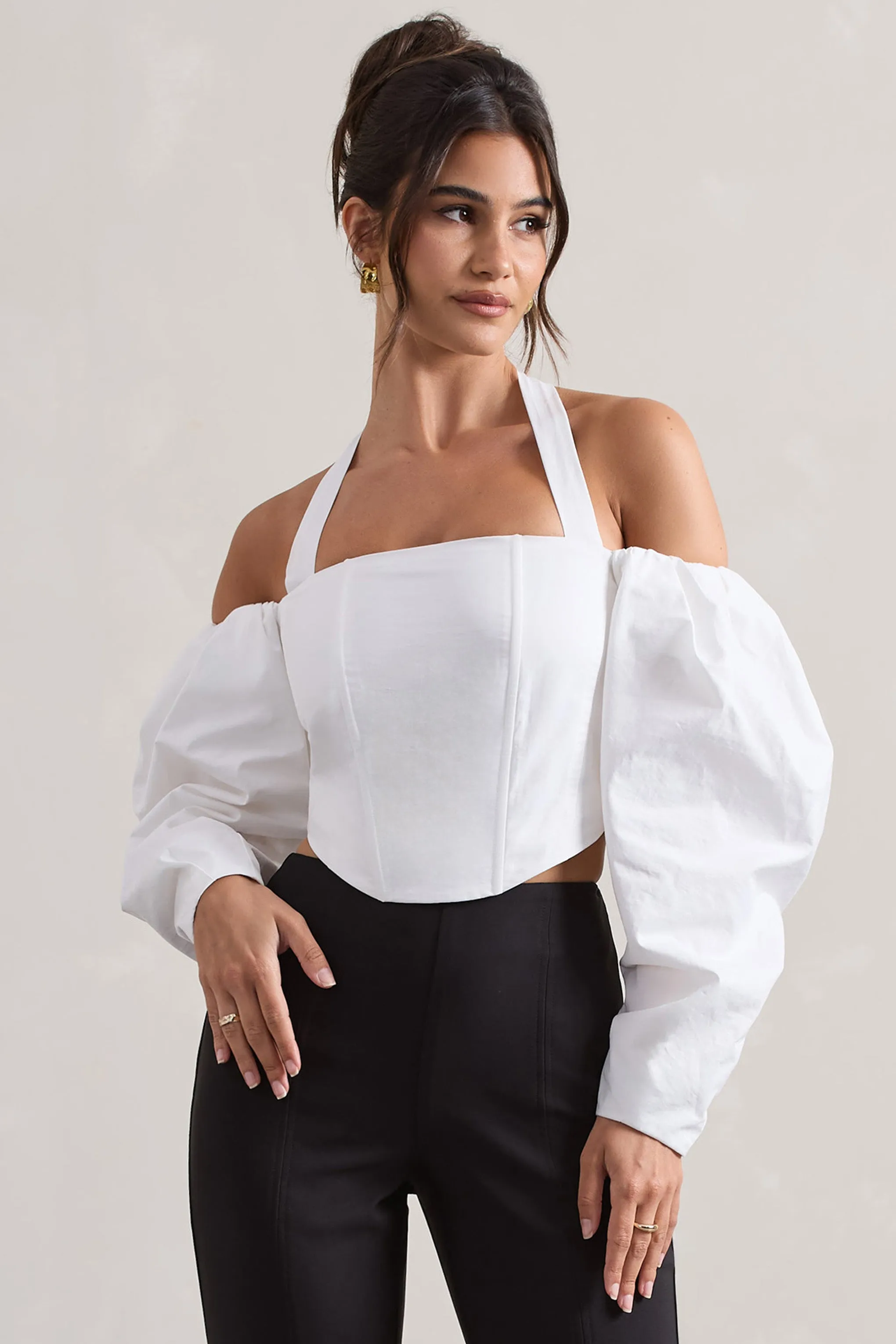 Theatric | Ivory Halter-Neck Corset Top With Puff-Sleeves sold by Club L London