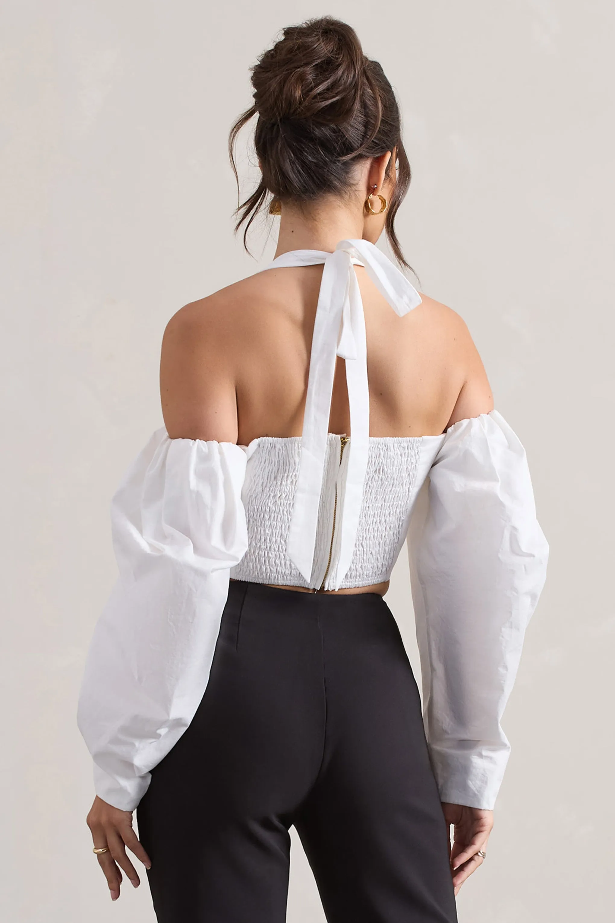 Theatric | Ivory Halter-Neck Corset Top With Puff-Sleeves sold by Club L London product image thumbnail 2