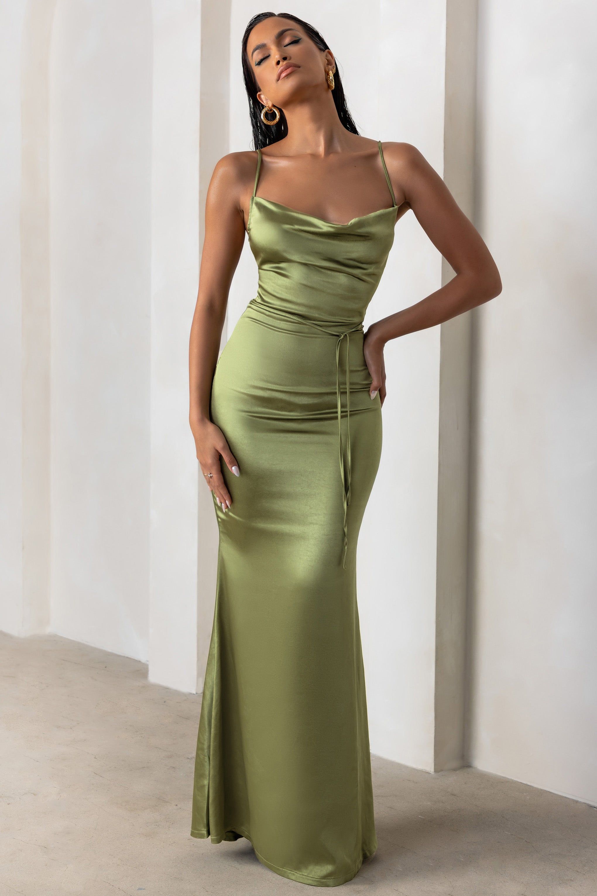Lifetime | Olive Satin Cowl Neck Maxi Dress With Cross Back Detail sold by Club L London product image thumbnail 4