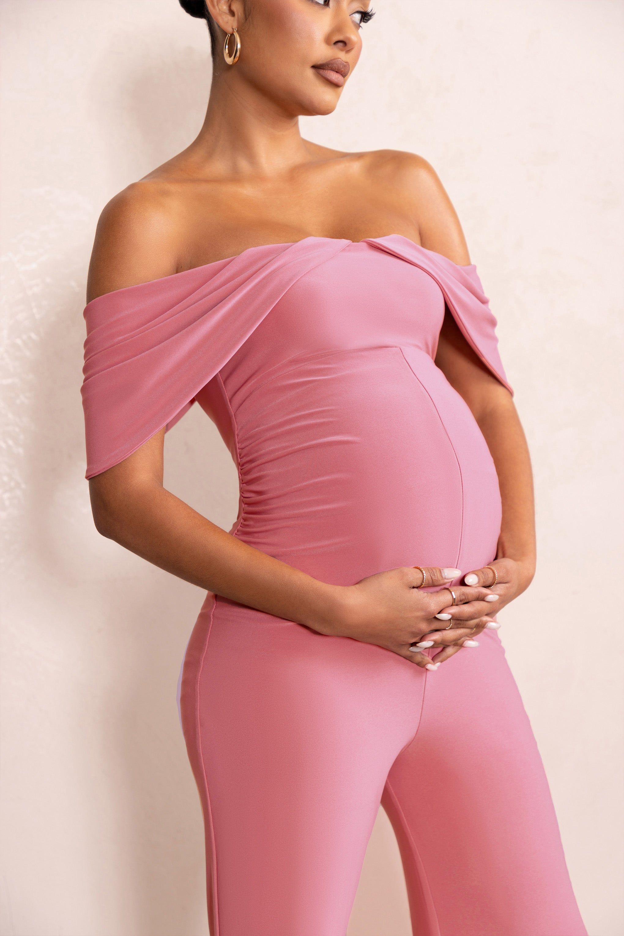 Renata | Blush Pink Draped Sleeve Bardot Maternity Jumpsuit sold by Club L London product image thumbnail 3