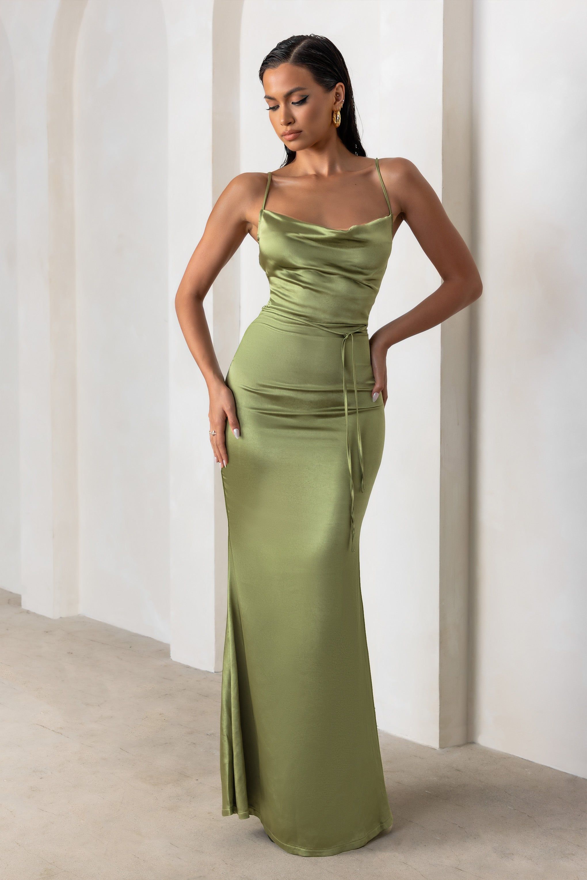 Lifetime | Olive Satin Cowl Neck Maxi Dress With Cross Back Detail sold by Club L London