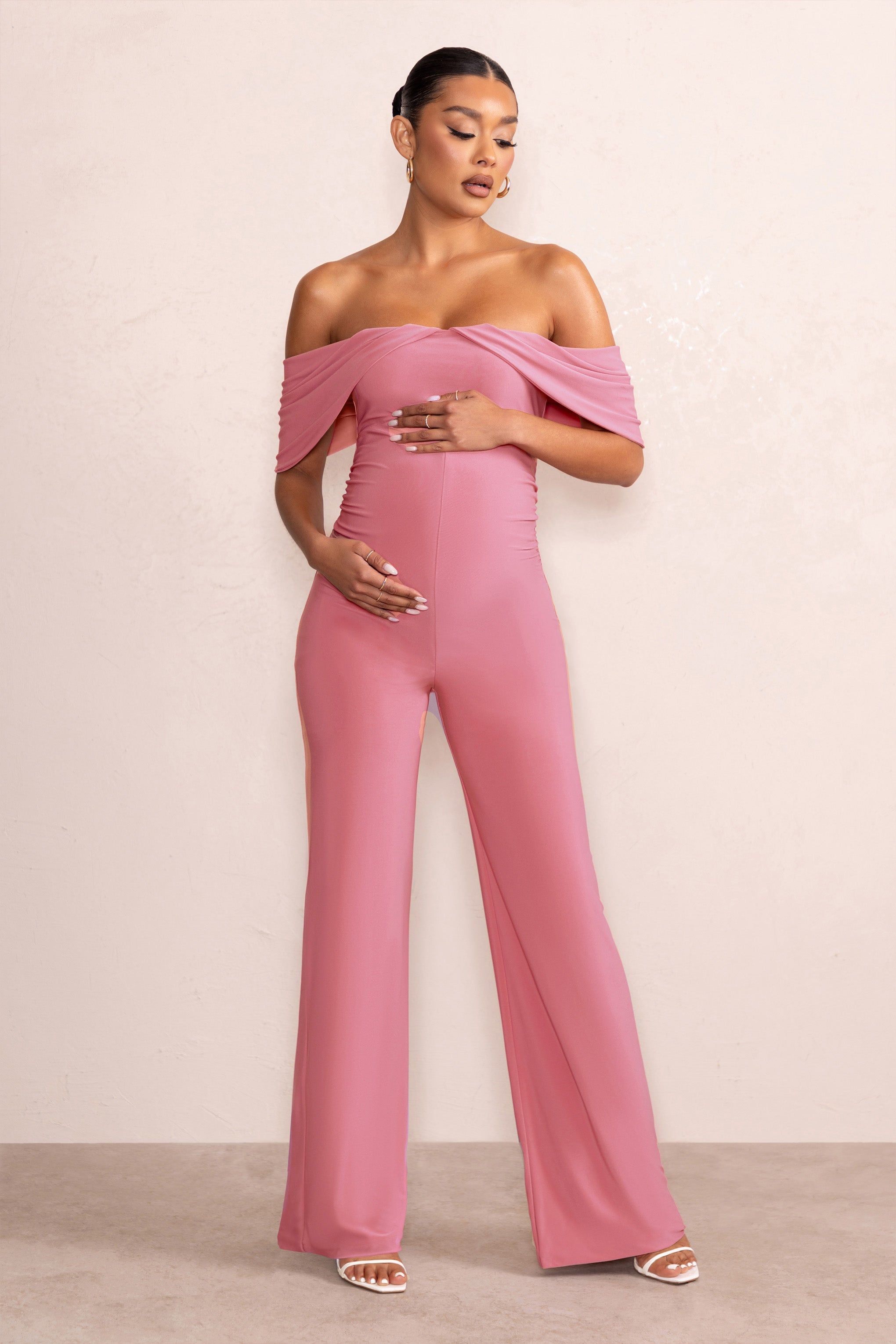 Renata | Blush Pink Draped Sleeve Bardot Maternity Jumpsuit sold by Club L London product image thumbnail 4