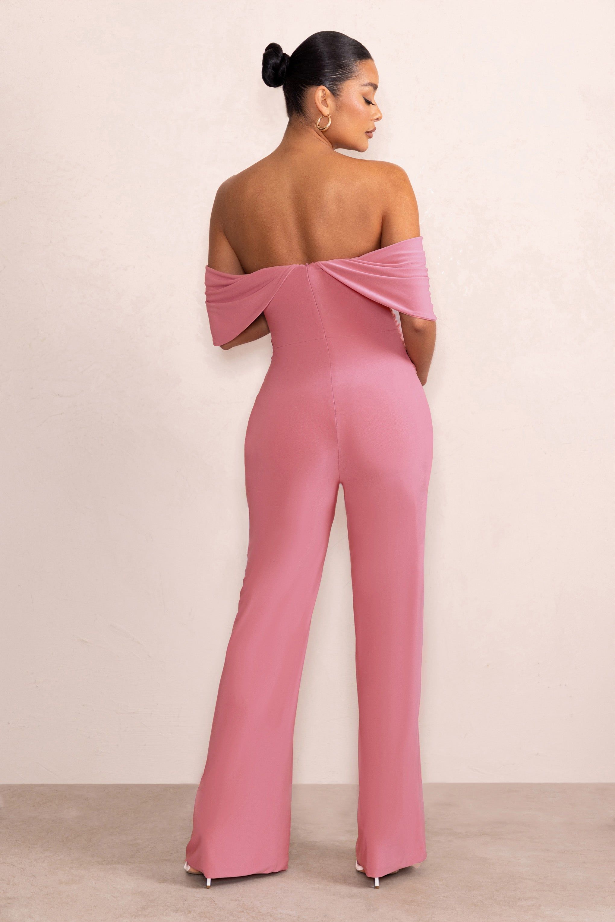 Renata | Blush Pink Draped Sleeve Bardot Maternity Jumpsuit sold by Club L London product image thumbnail 2