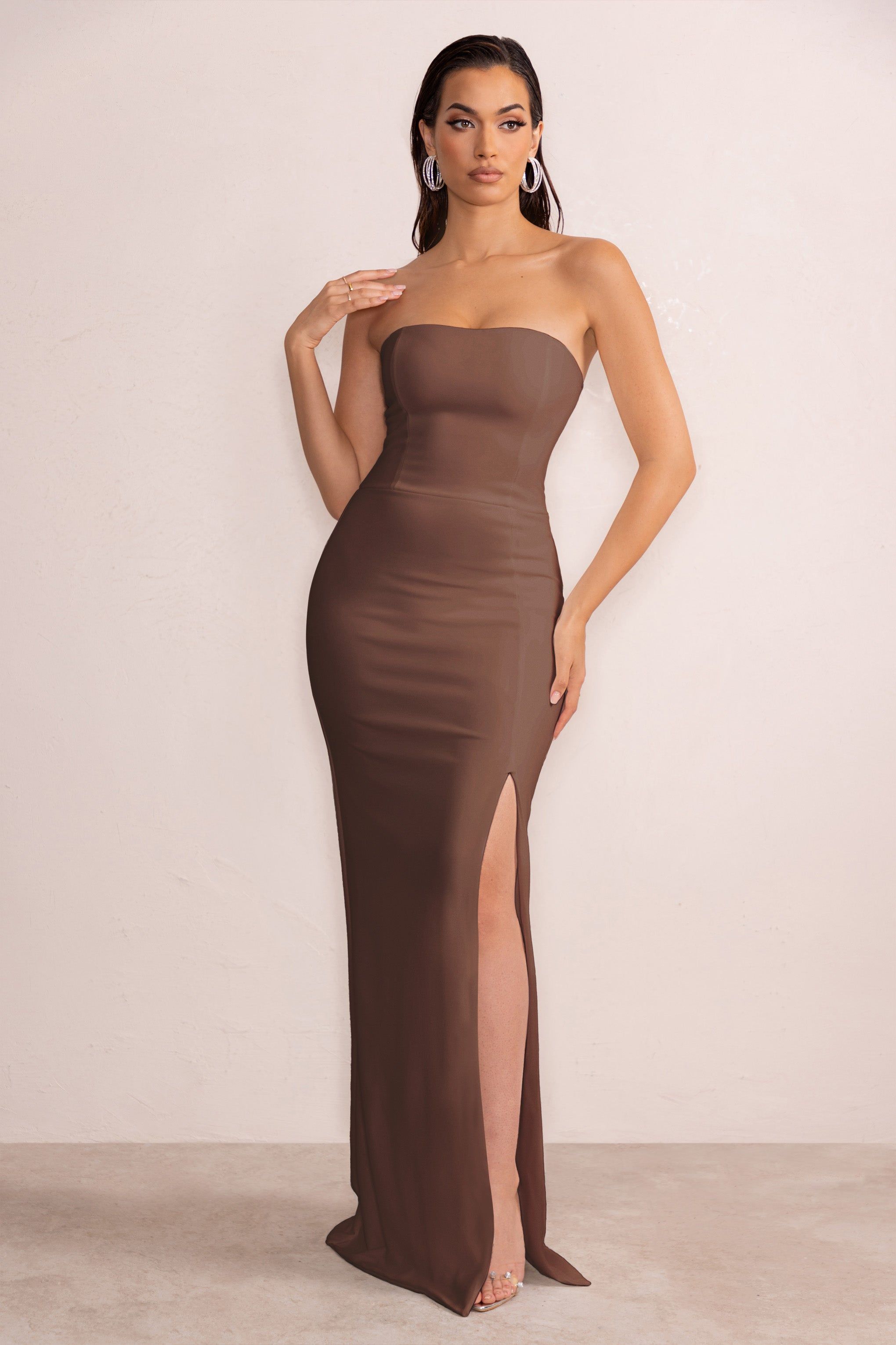 Belle of The Ball | Brown Bandeau Maxi Dress With Split Hem sold by Club L London product image thumbnail 5