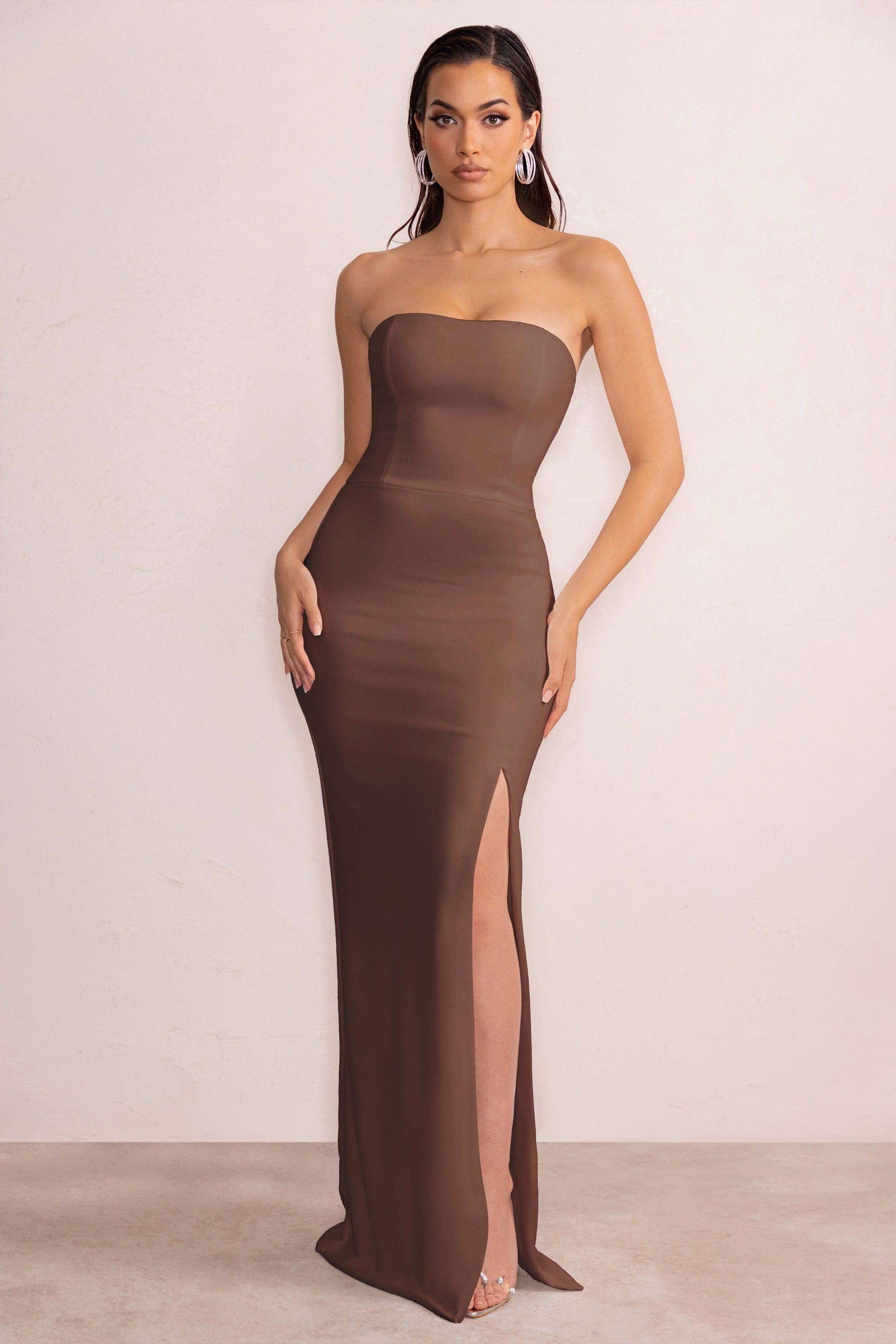 Belle of The Ball | Brown Bandeau Maxi Dress With Split Hem sold by Club L London product image thumbnail 4