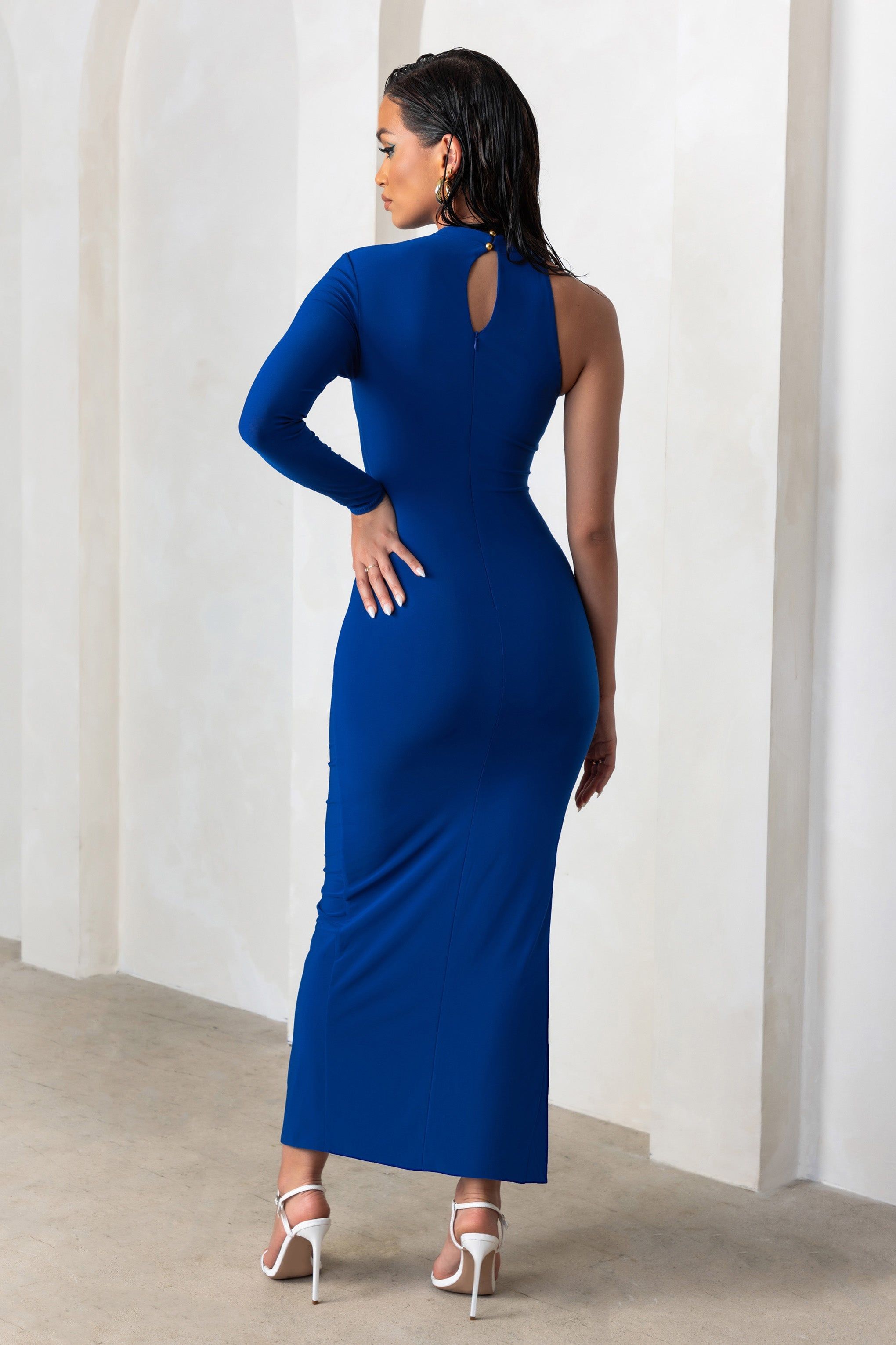 Follow Me | Royal Blue High Neck One Sleeve Maxi Dress With Side Ruching sold by Club L London product image thumbnail 2