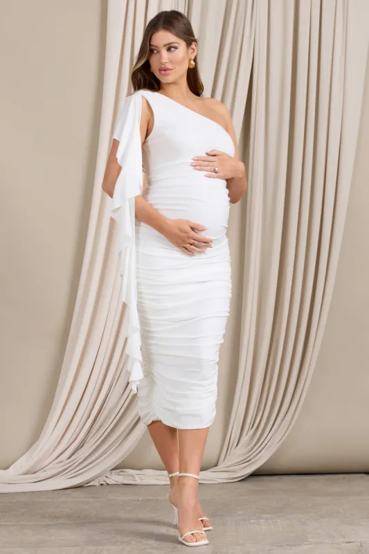 Streamer | White Asymmetric Ruffled Maternity Midi Dress sold by Club L London