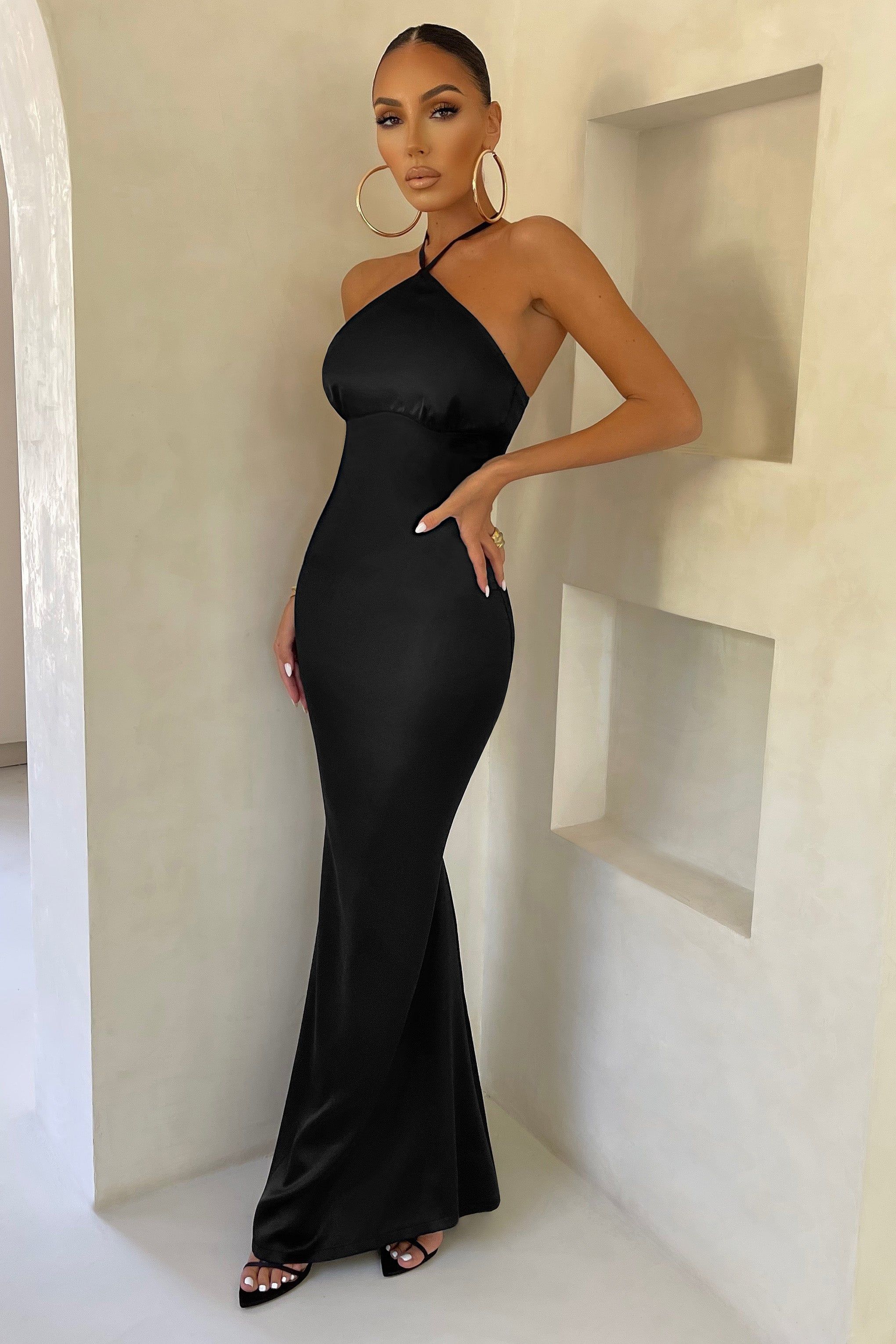 Grandeur | Black Halterneck Satin Maxi Dress sold by Club L London