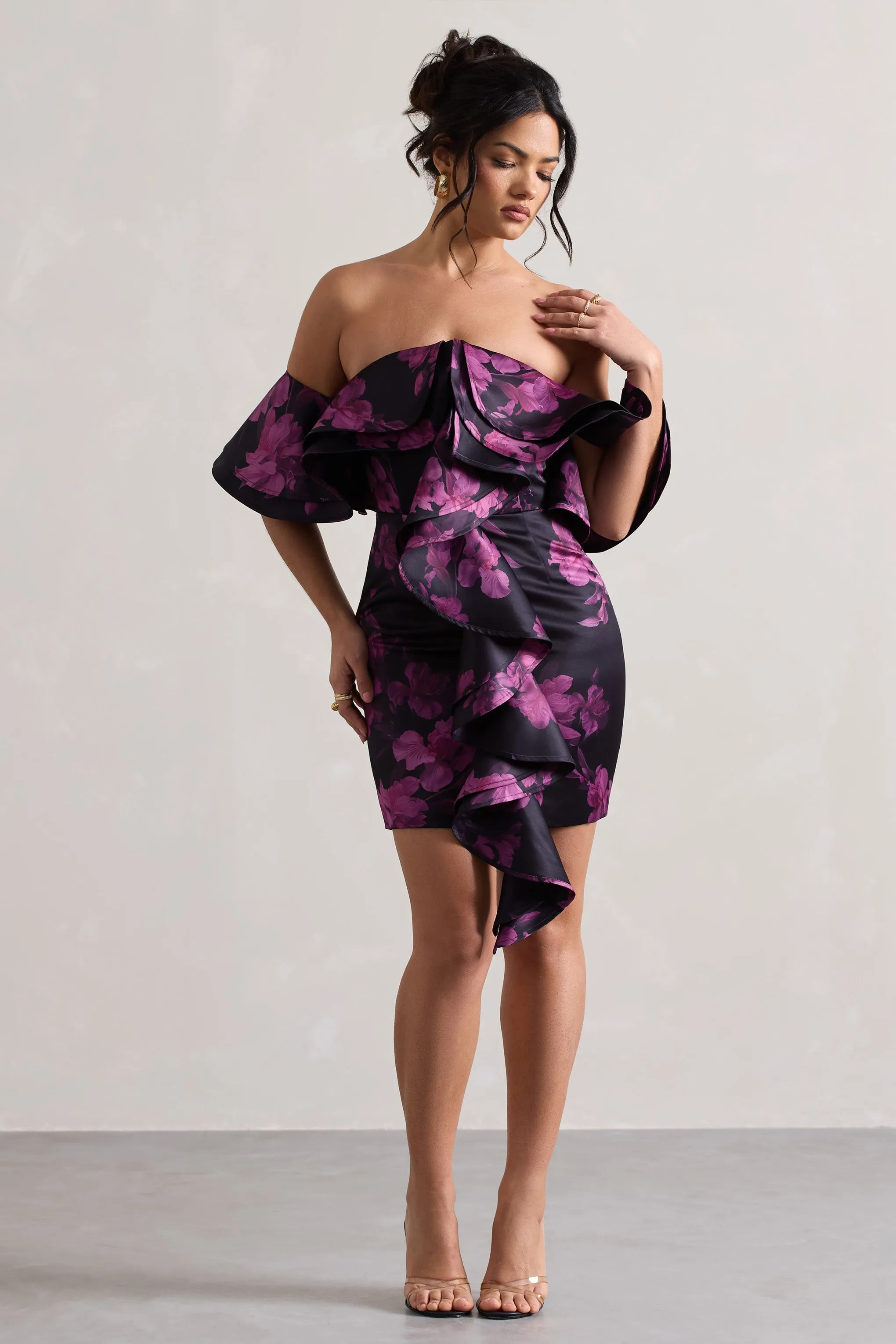 Aspen | Black Floral Print Bardot Mini Dress With Ruffles sold by Club L London product image thumbnail 5