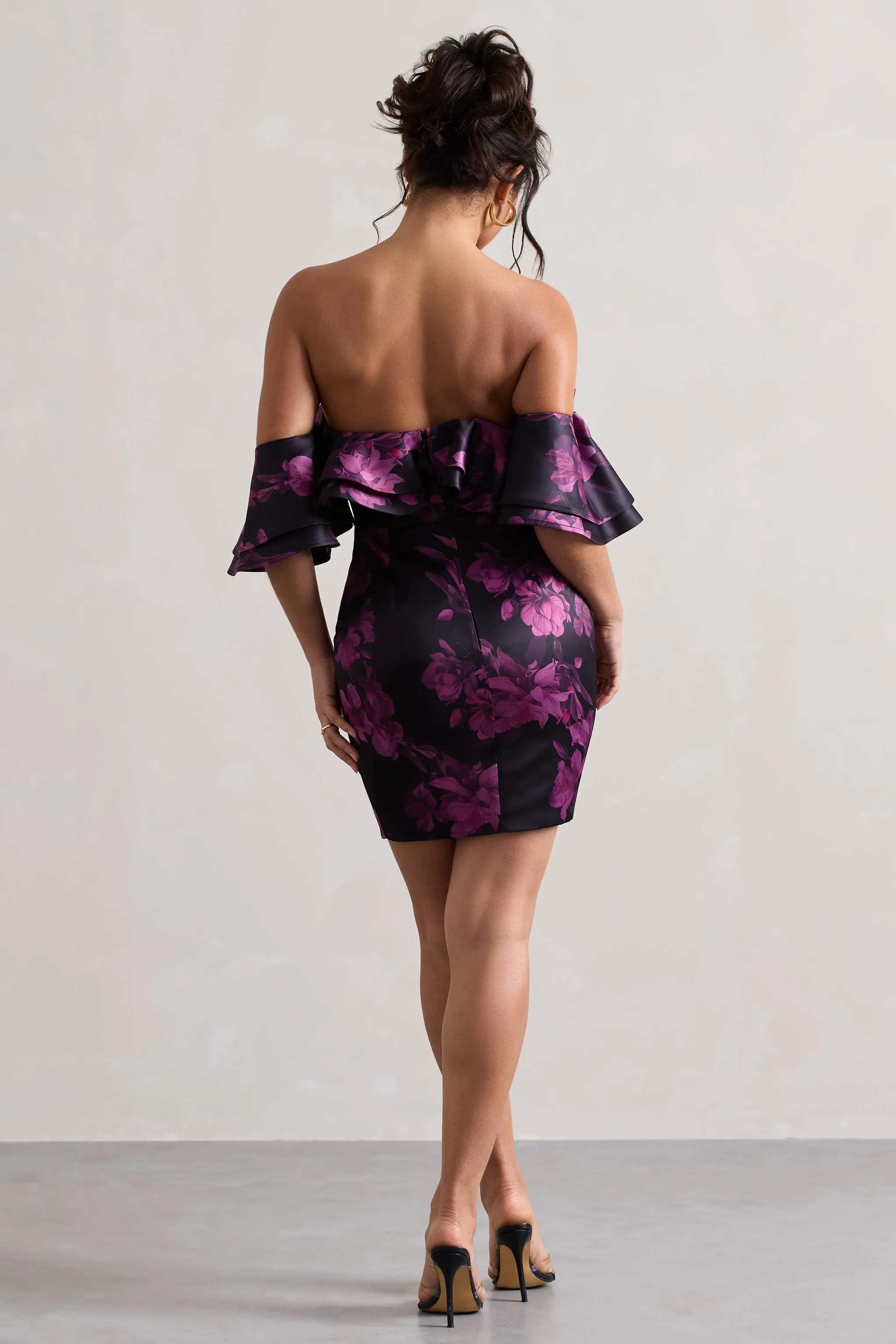 Aspen | Black Floral Print Bardot Mini Dress With Ruffles sold by Club L London product image thumbnail 3