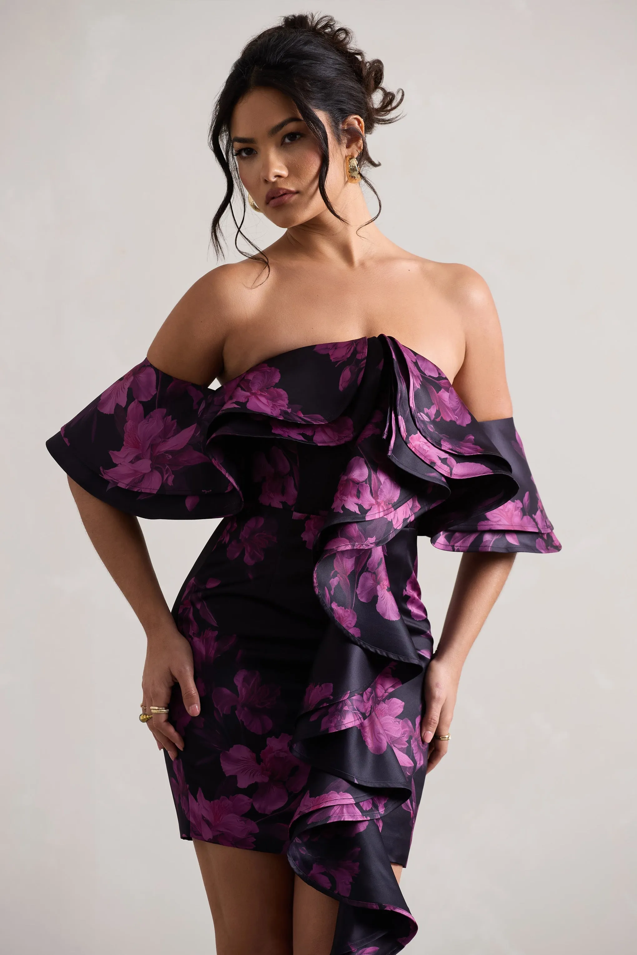 Aspen | Black Floral Print Bardot Mini Dress With Ruffles sold by Club L London product image thumbnail 2
