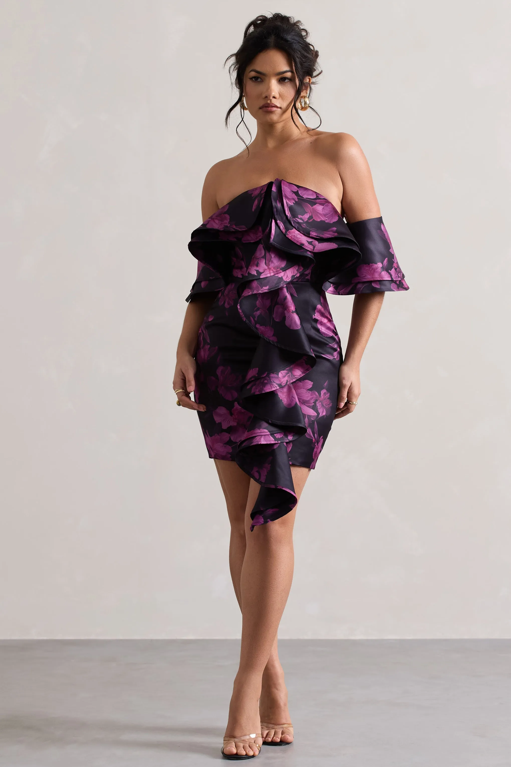 Aspen | Black Floral Print Bardot Mini Dress With Ruffles sold by Club L London product image thumbnail 4