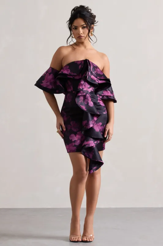 Aspen | Black Floral Print Bardot Mini Dress With Ruffles made by Club L London