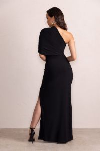 Cadence | Black One Shoulder Draped Maxi Dress With Thigh Split sold by Club L London