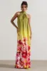 Gloriana | Pink and Green Floral Print Satin High-Neck Maxi Dress sold by Club L London