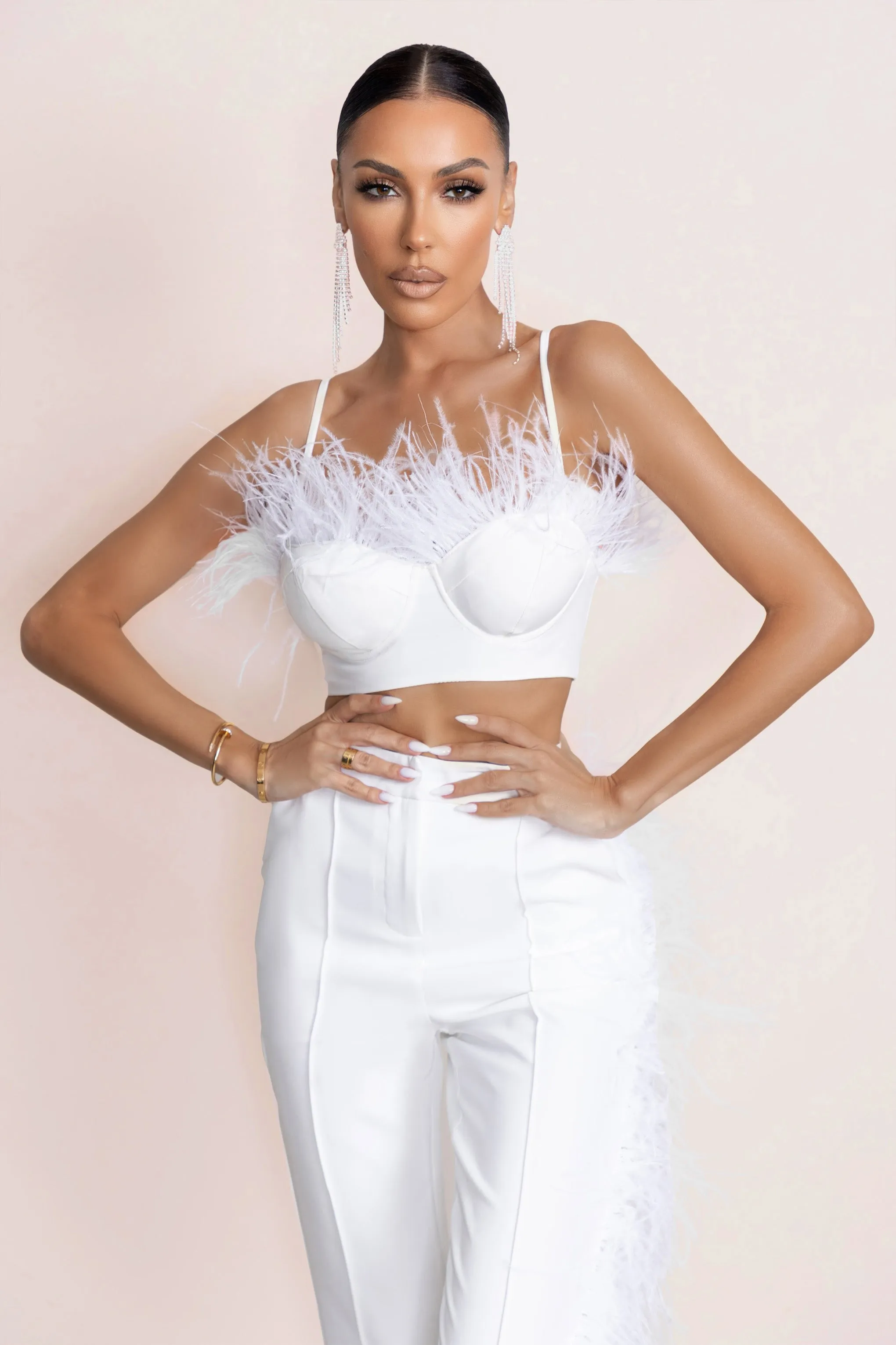 Prestige | White Bralette With Feather Trim sold by Club L London product image thumbnail 4
