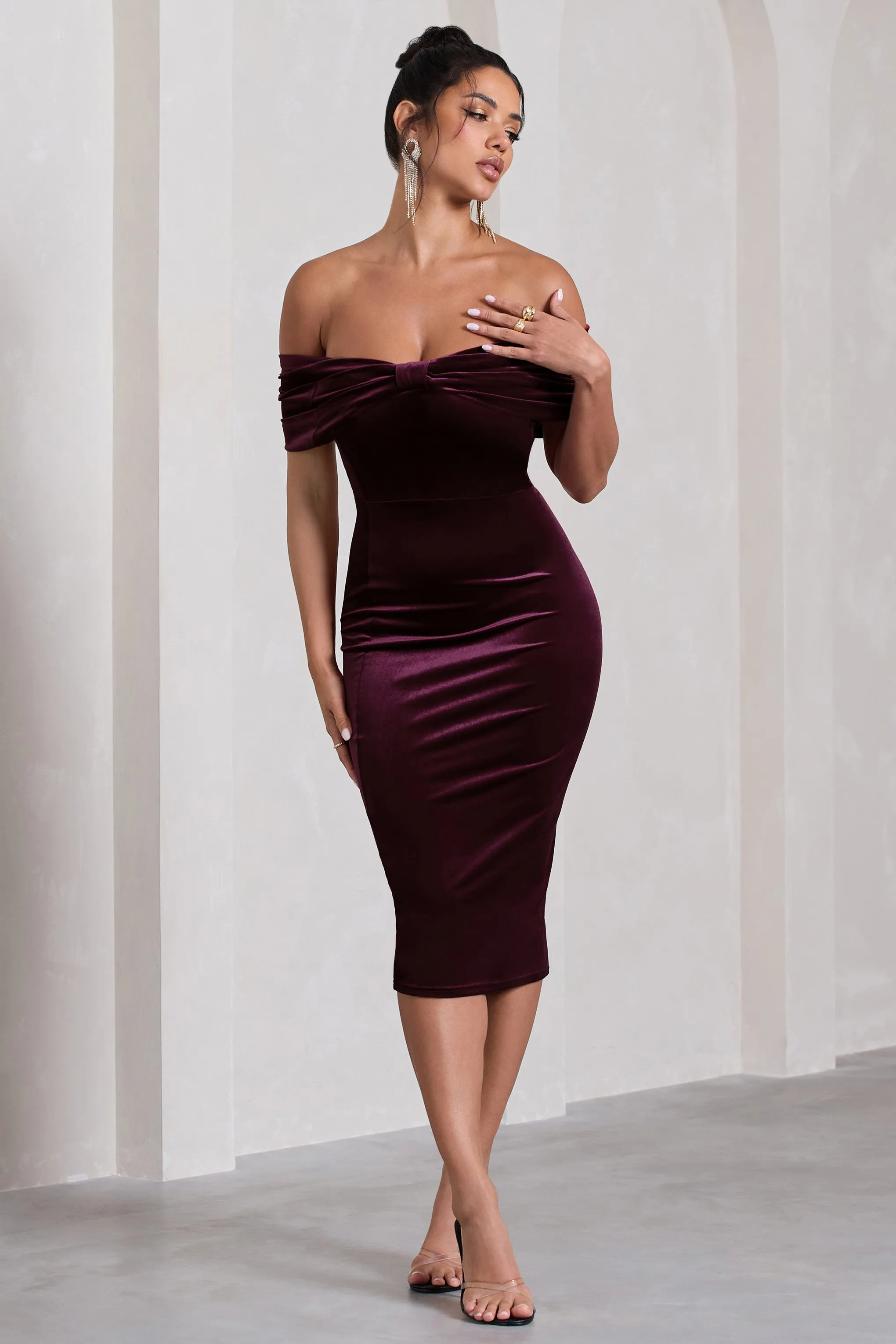 Snowflake | Port Velvet Bardot Bow Detail Midi Dress sold by Club L London product image thumbnail 4