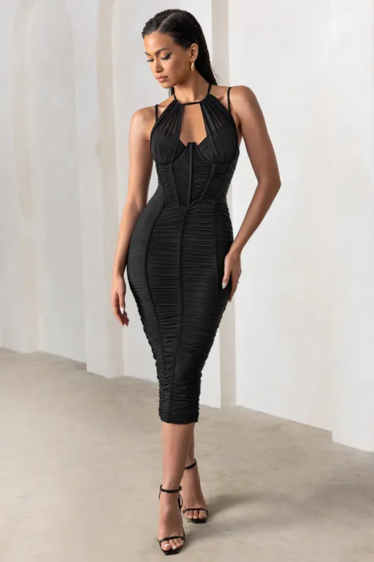 Liveliness | Black Halter Neck Midi Dress With Mesh Overlay sold by Club L London