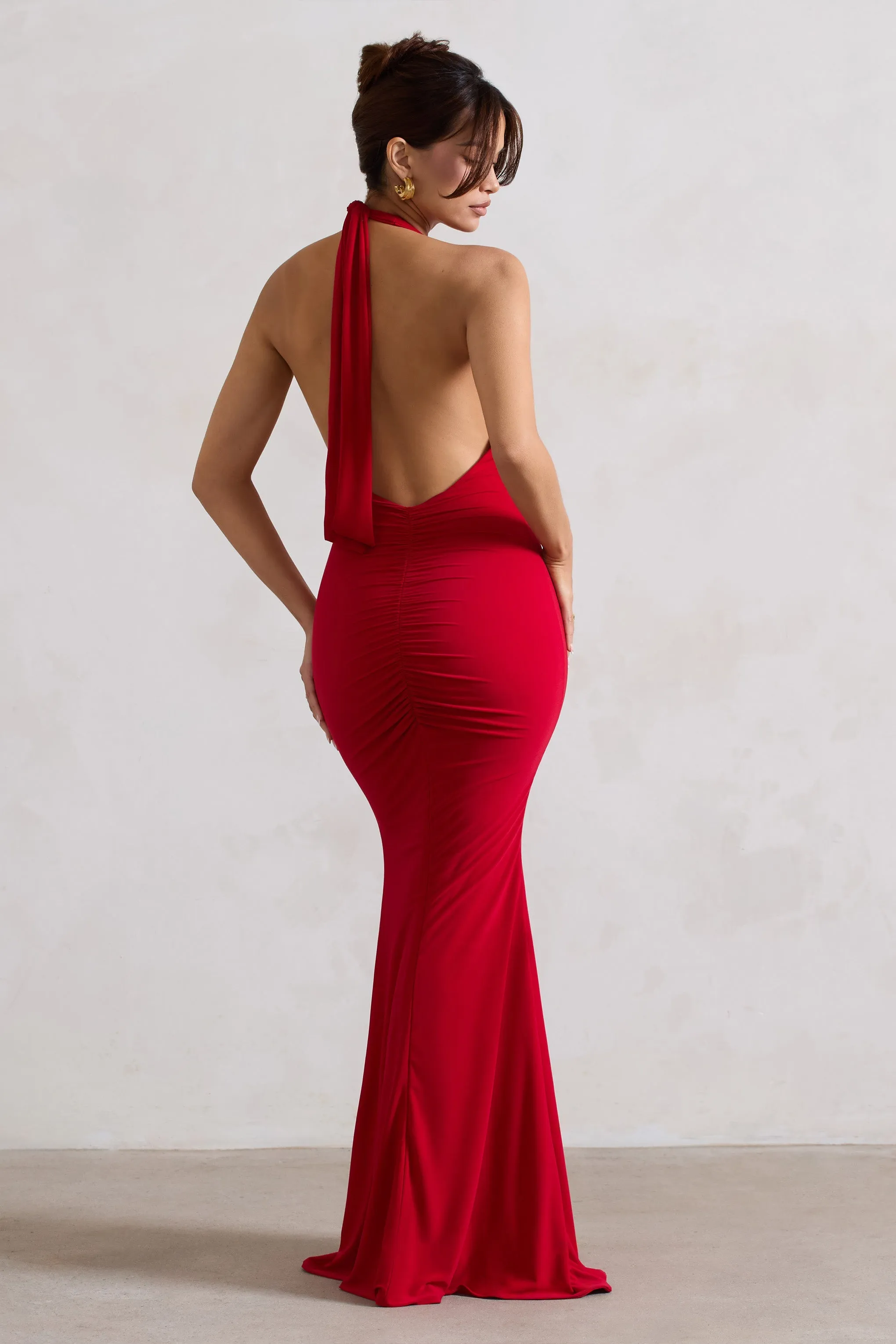 Glamour | Red Backless V Plunge Halter Neck Maxi Dress With Side Split sold by Club L London product image thumbnail 2